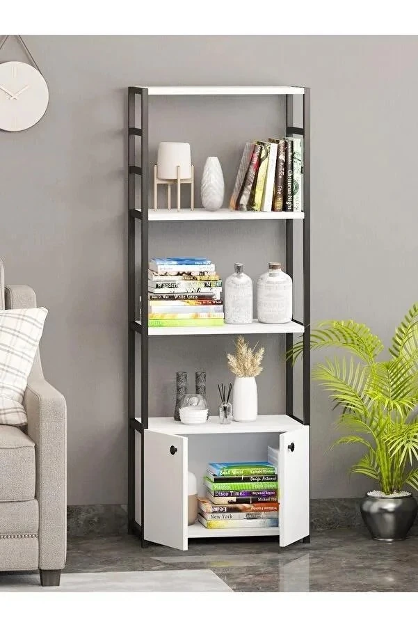 Kitaplık 5 Raflı Çok Amaçlı Dosya Kitap Rafı Ofis Salon Rafı 140 CM 2 KAPAKLI - Beyaz