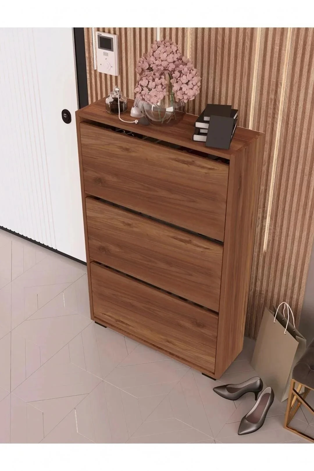 Düşer Kapak Ayakkabılık Raflı Ayakkabılık 3 Bölmeli Ayakkabılık Beyaz