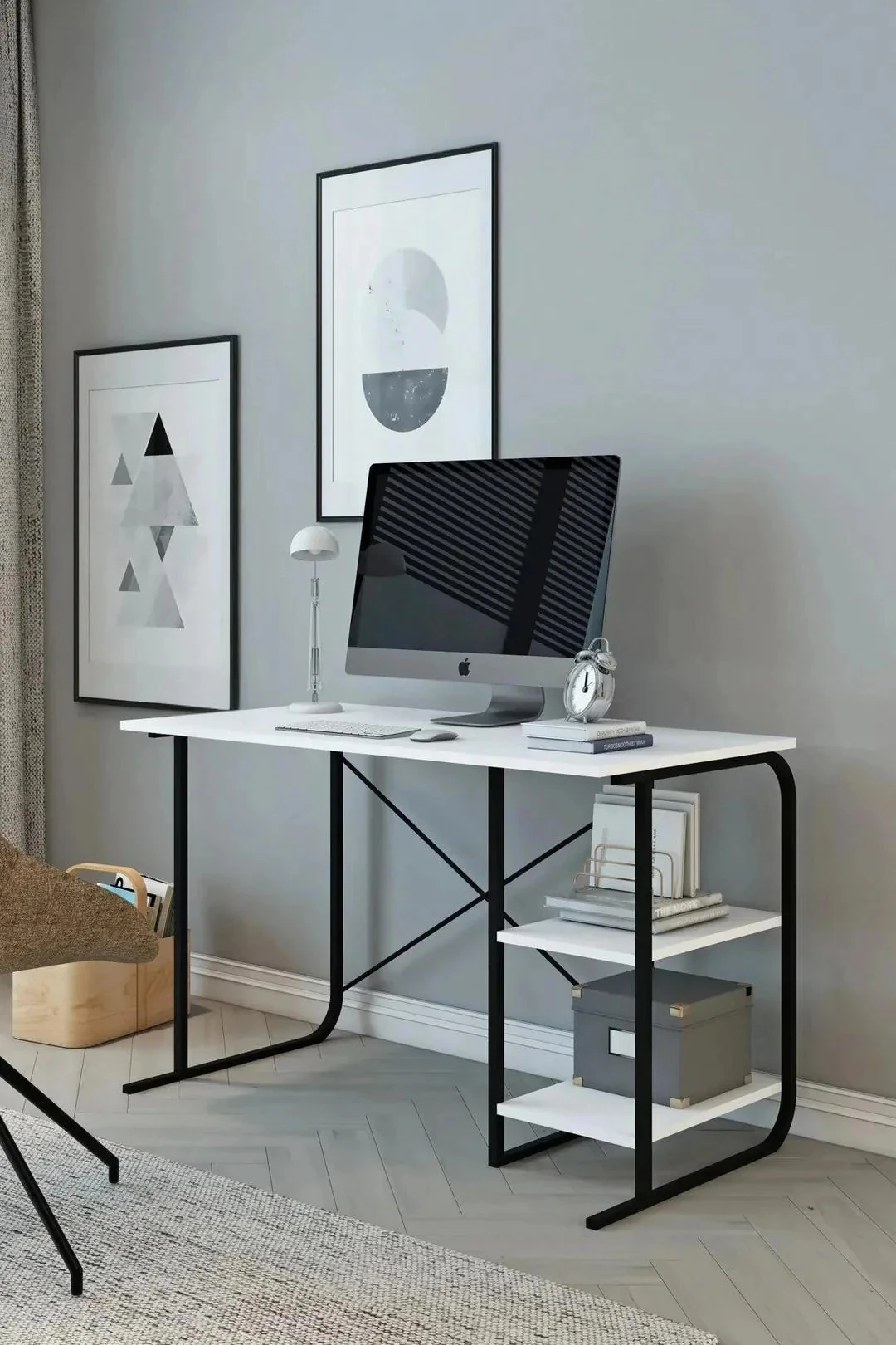 Çalışma Masası Metal Bilgisayar Laptop Masası 2 Raflı Ders Çalışma Ofis Masası - Beyaz