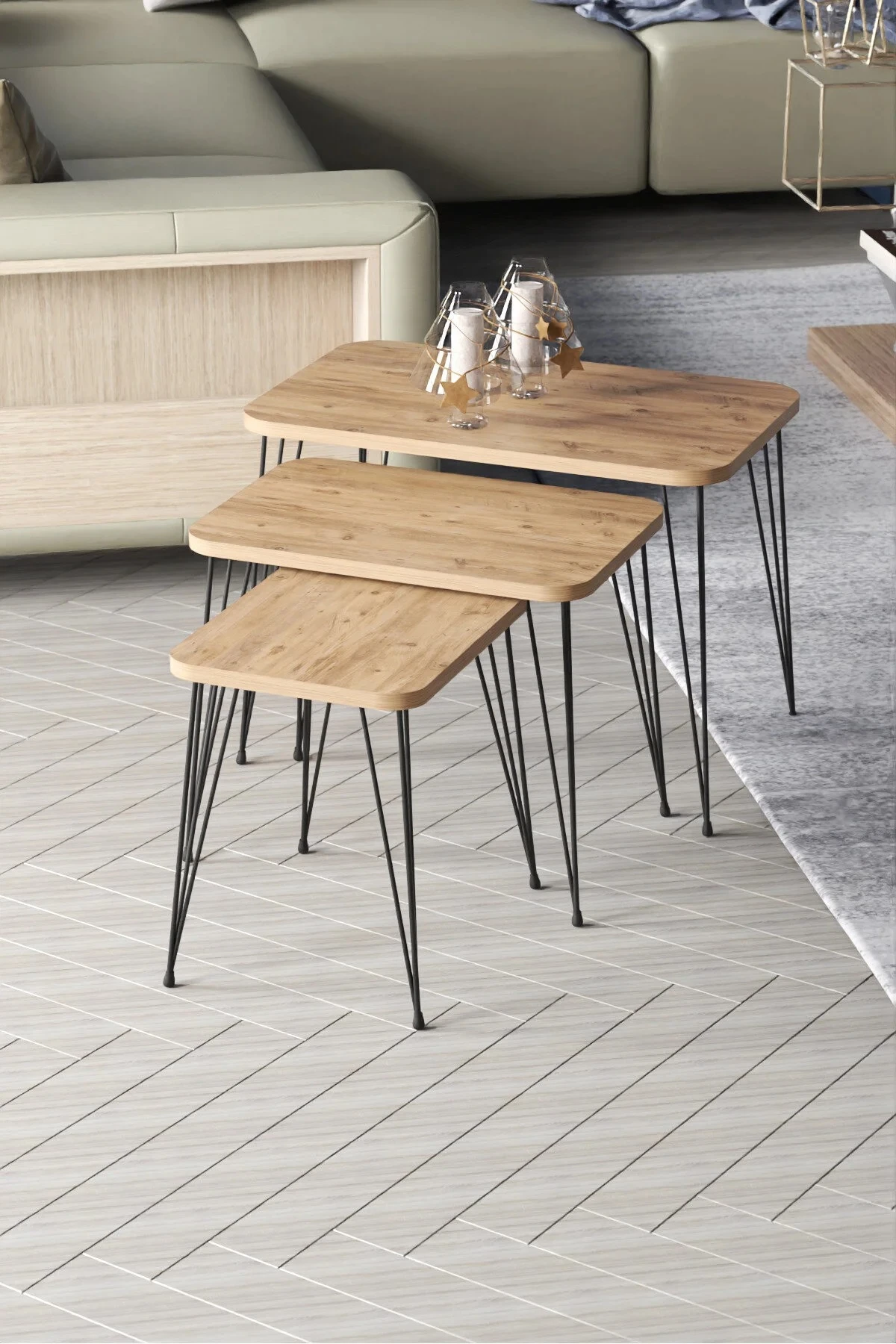 Zigon Sehpa Tel Ayak 3lü Zigon Sehpa Dikdörtgen