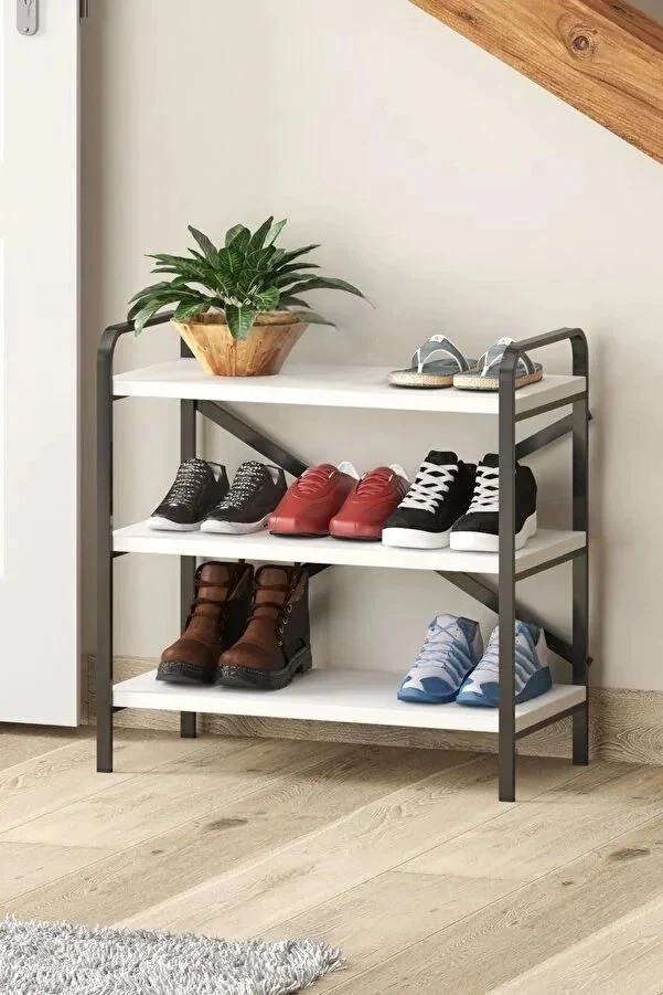 Dekoratif Ayakkabılık Çok Amaçlı Raf 3 Raflı Ayakkabılık - Beyaz