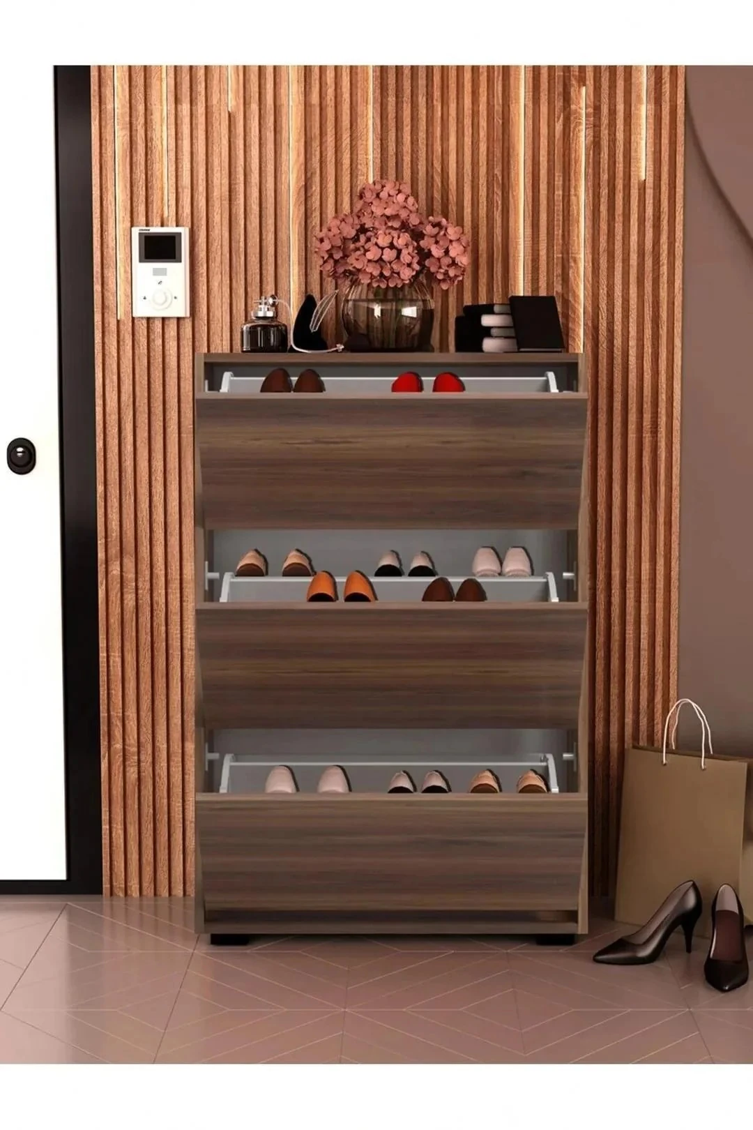 Düşer Kapak Ayakkabılık Raflı Ayakkabılık 3 Bölmeli Ayakkabılık Beyaz