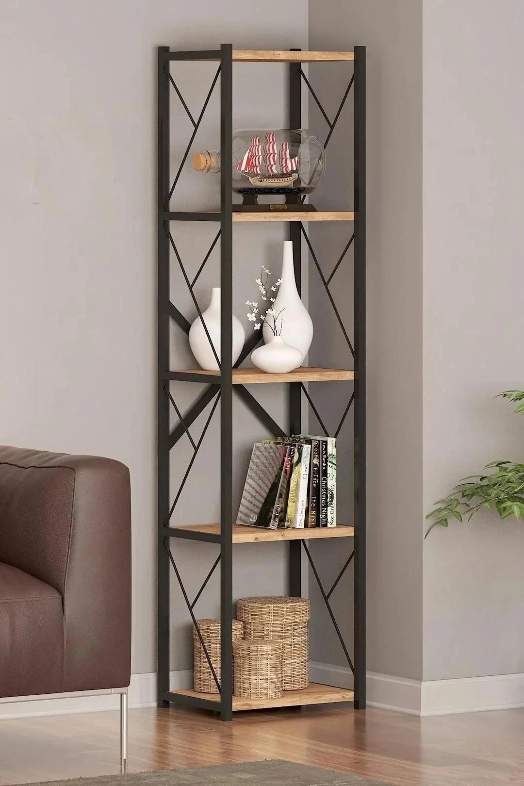 Metal Concept Kitaplık 5 Raflı Çok Amaçlı Dosya Kitap Rafı Ofis Salon Rafı - Çam