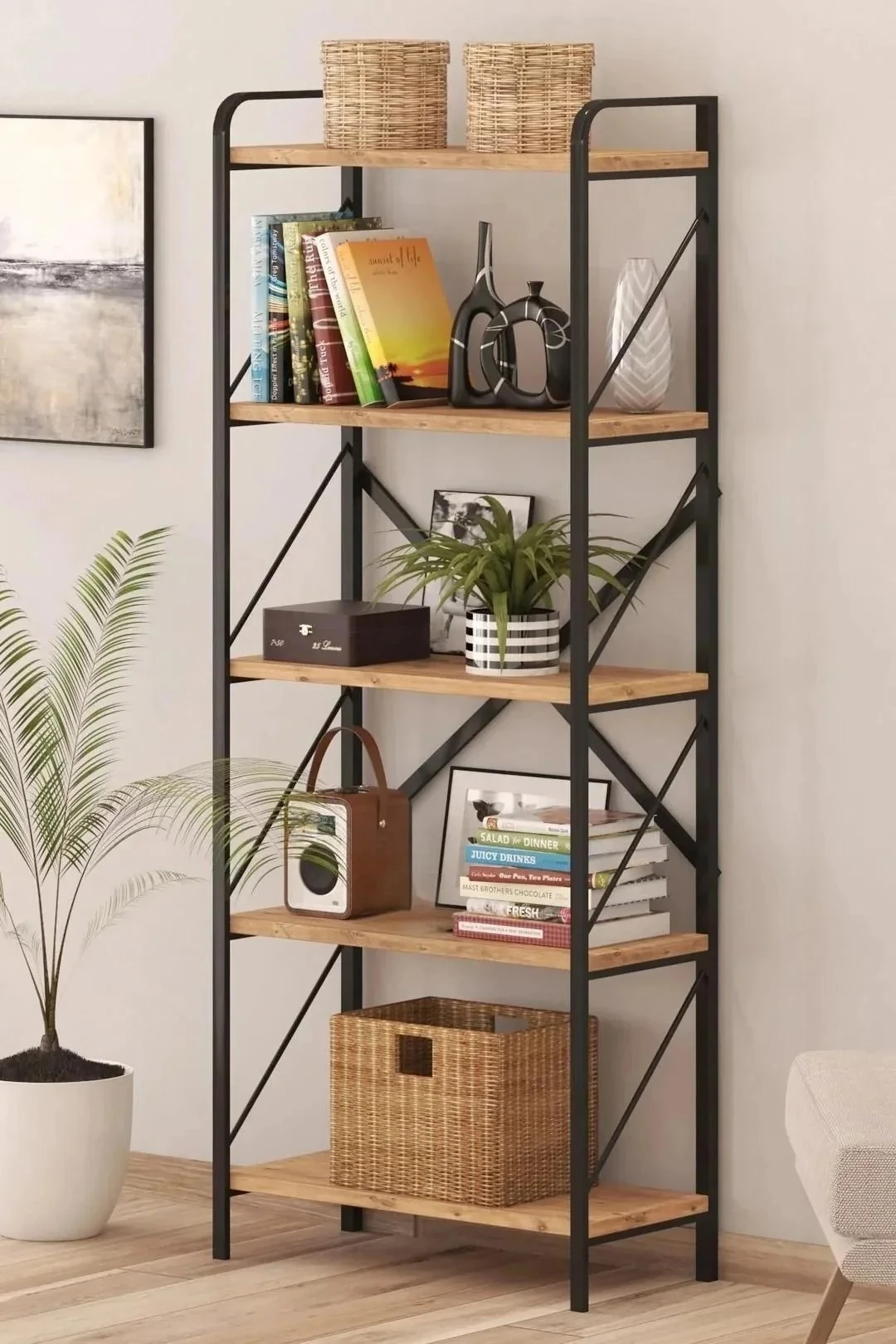 Oval Concept Kitaplık 5 Raflı Çok Amaçlı Dosya Kitap Rafı Ofis Salon Rafı 150 cm - Çam