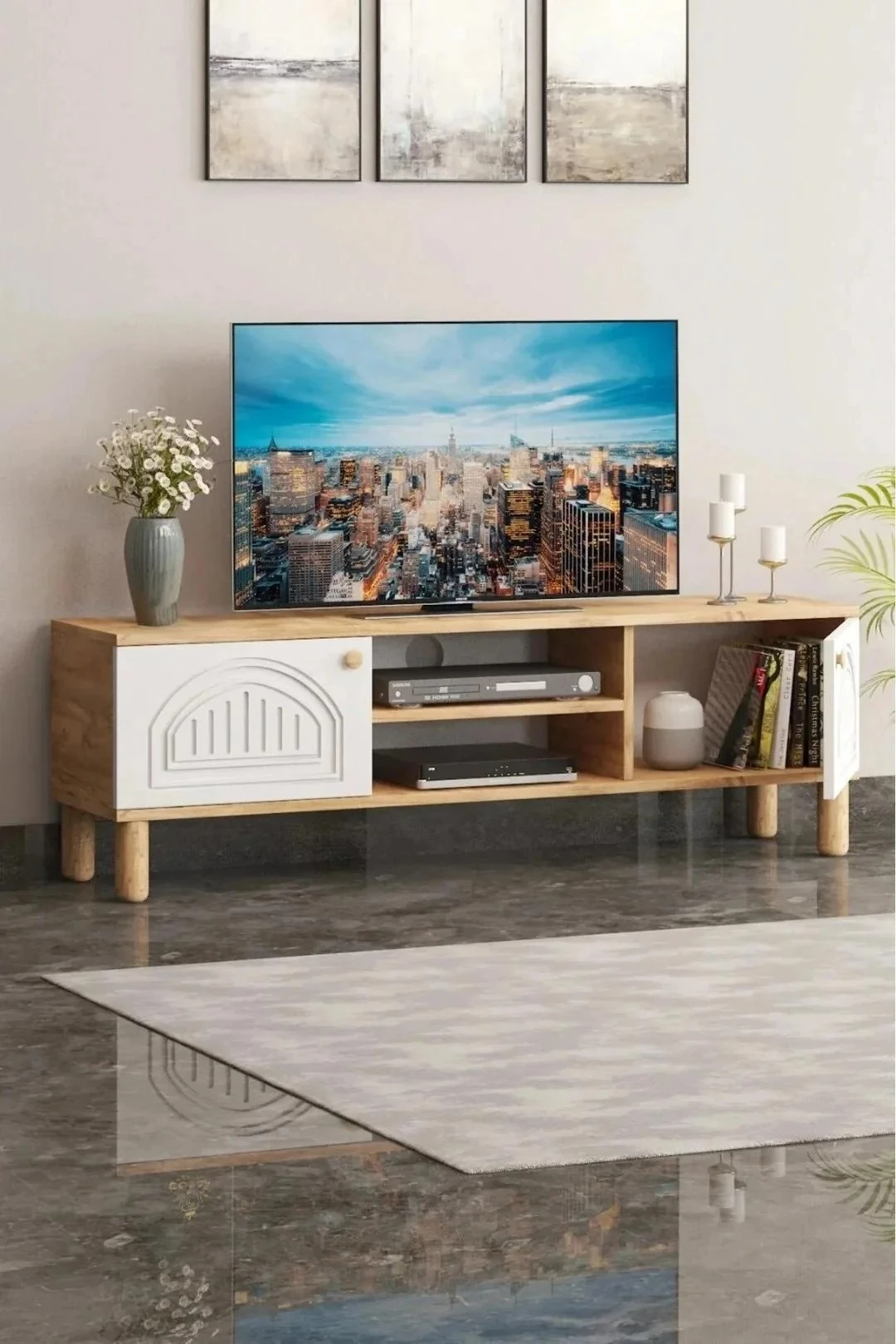 Bohem Tv Ünitesi 150 Cm Mdf Mebran Kapak Çizgili D Kapak Bohem Tarz Tv Sehpası