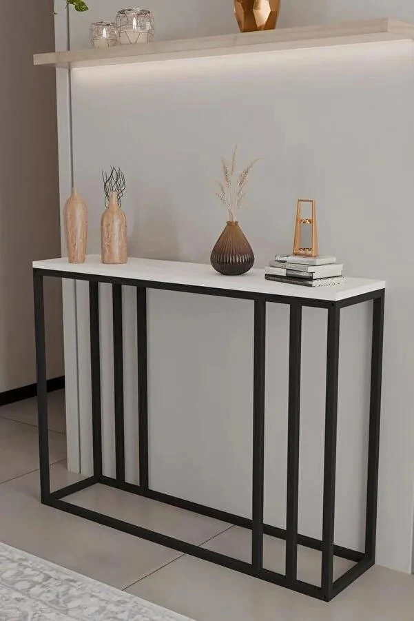 Metal Ayaklı Dresuar Dekoratif Raflı Dresuar Konsol Metal Dresuar 100 Cm - Beyaz