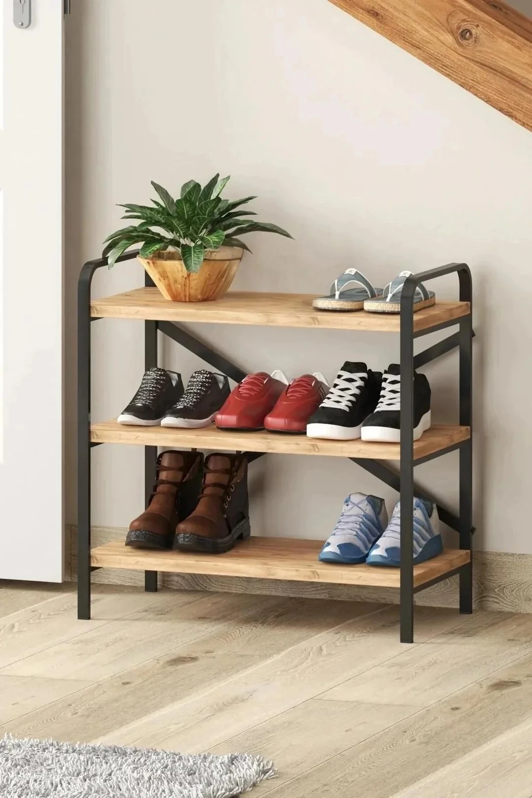 Dekoratif Ayakkabılık Çok Amaçlı Raf 3 Raflı Ayakkabılık - Çam