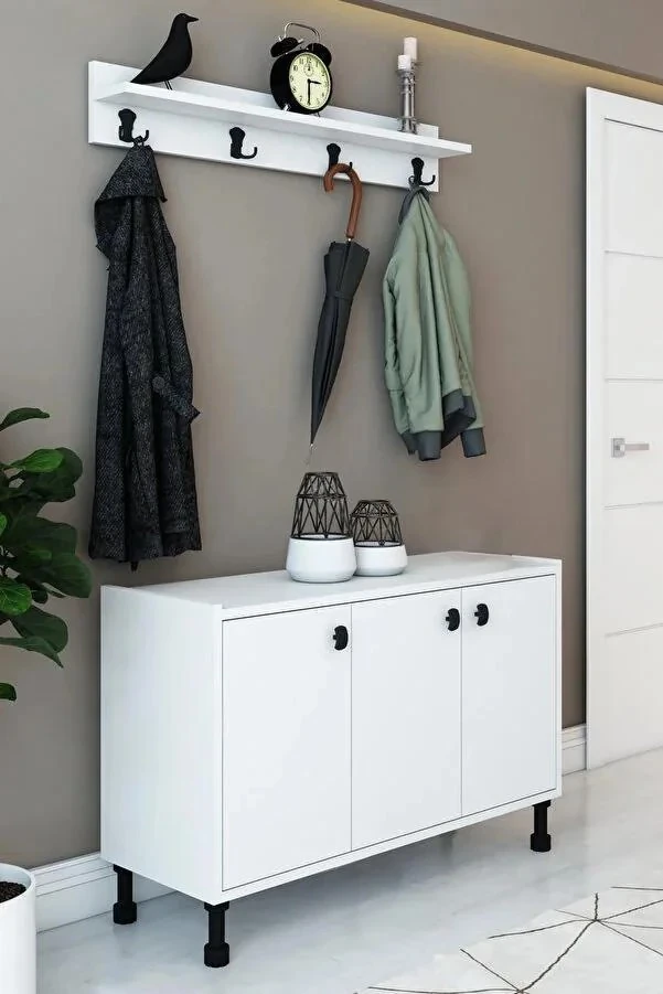 West 3 Kapaklı Ayakkabılık Çok Amaçlı Dolap Portmanto Raflı Vestiyer - Beyaz