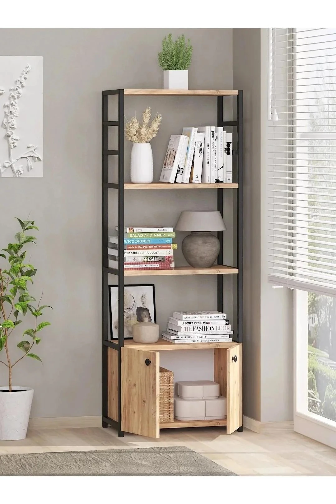 Kitaplık 5 Raflı Çok Amaçlı Dosya Kitap Rafı Ofis Salon Rafı 140 CM 2 KAPAKLI