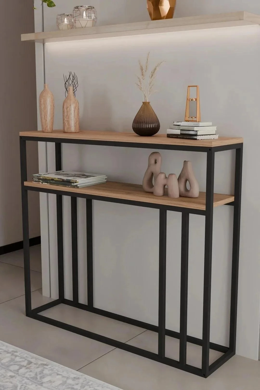 2 Raflı Metal Dresuar Raflı Lüx Dresuar Kitaplık Salon Düzenleyici 2 Raflı - Çam