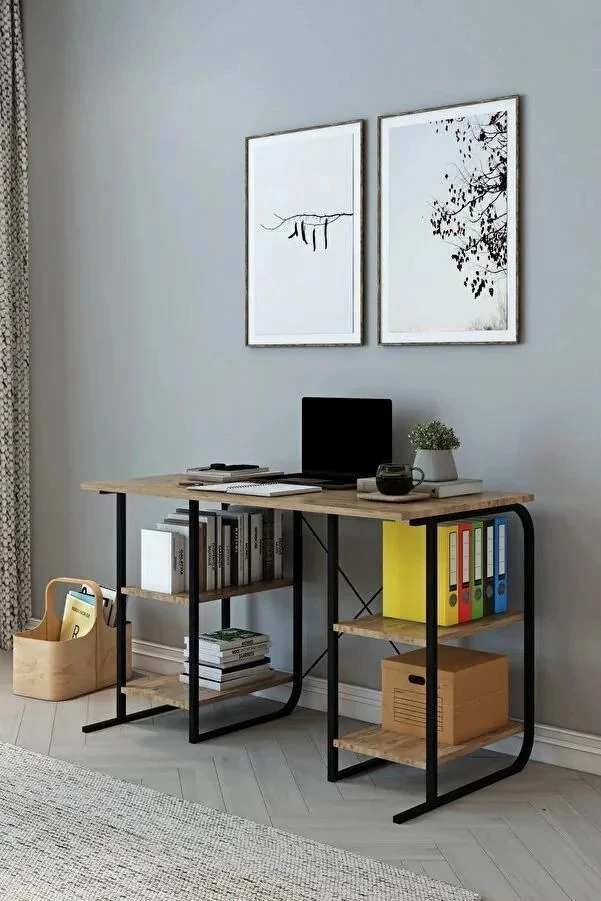 Metal Çalışma Masası 4 Raflı Laptop Bilgisayar Masası Ofis Ders Yemek Çocuk Masası - Çam