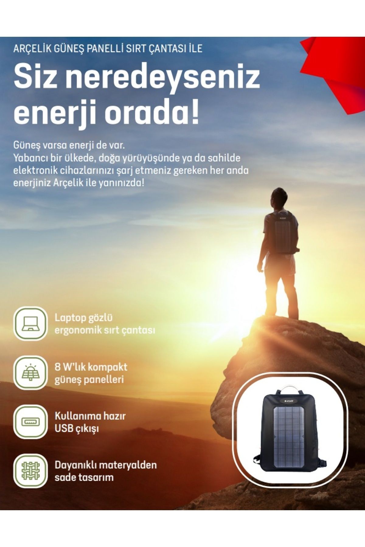 Arçelik ARCLK-SBP-8W SOLAR SIRT ÇANTASI