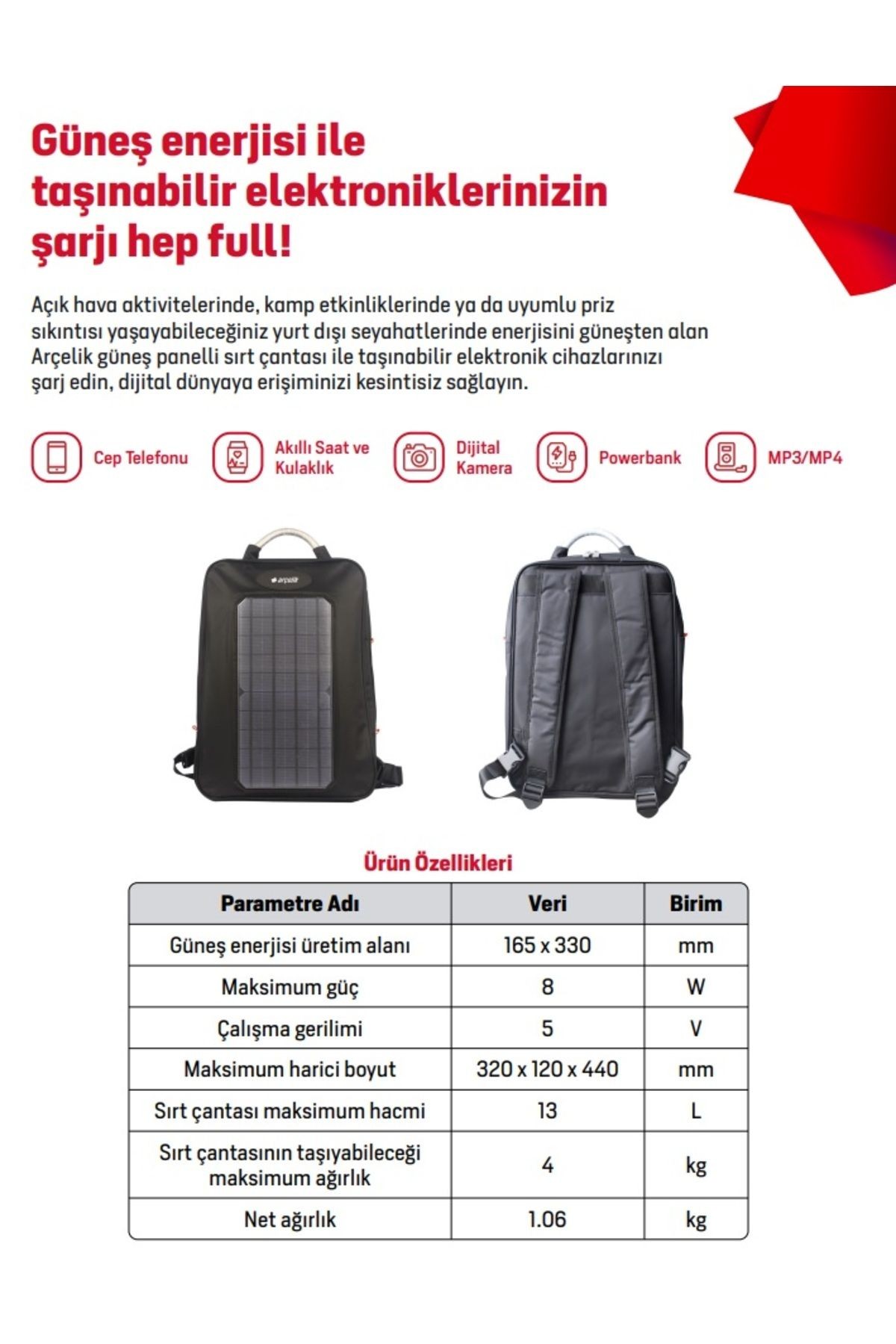 Arçelik ARCLK-SBP-8W SOLAR SIRT ÇANTASI