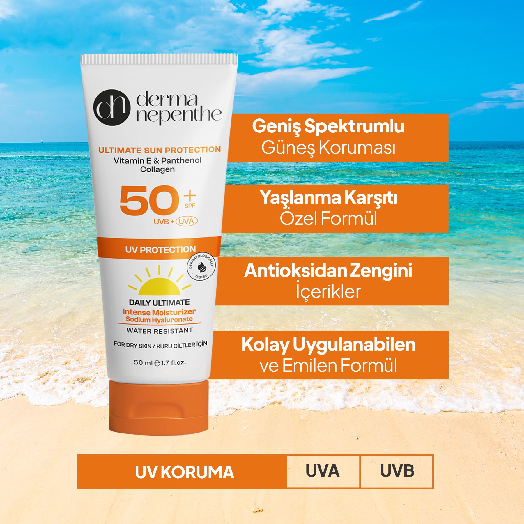 50+ SPF Yüksek Koruyucu Güneş Kremi 50 Ml - Yoğun Nemlendirici, Hyaluronic Acid - Kuru Ciltler İçin