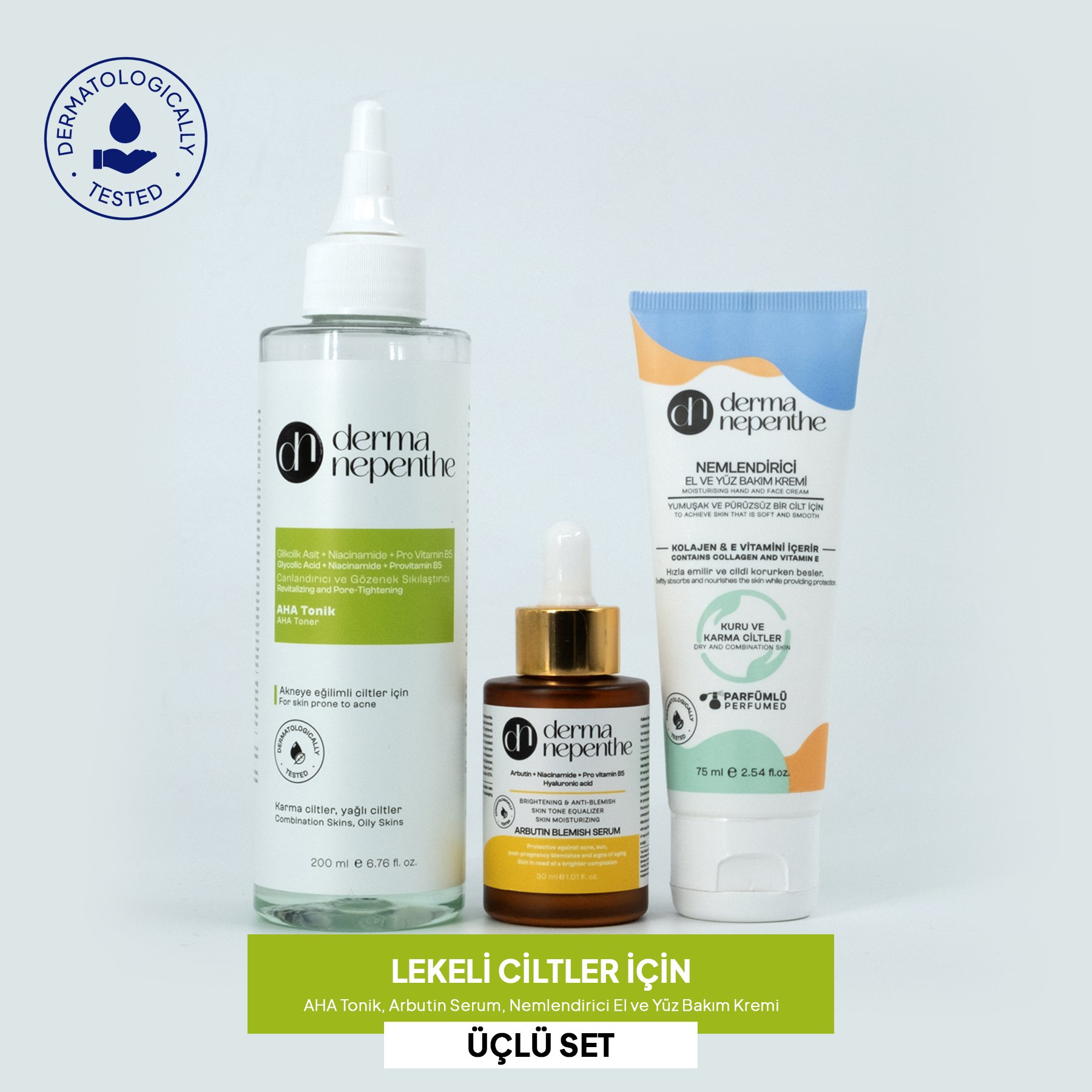 Lekeli ve Lekeye Eğilimli Ciltler İçin - AHA Tonik, Arbutin Serum, Nemlendirici El ve Yüz Bakım Kremi 3'lü Set main variant image