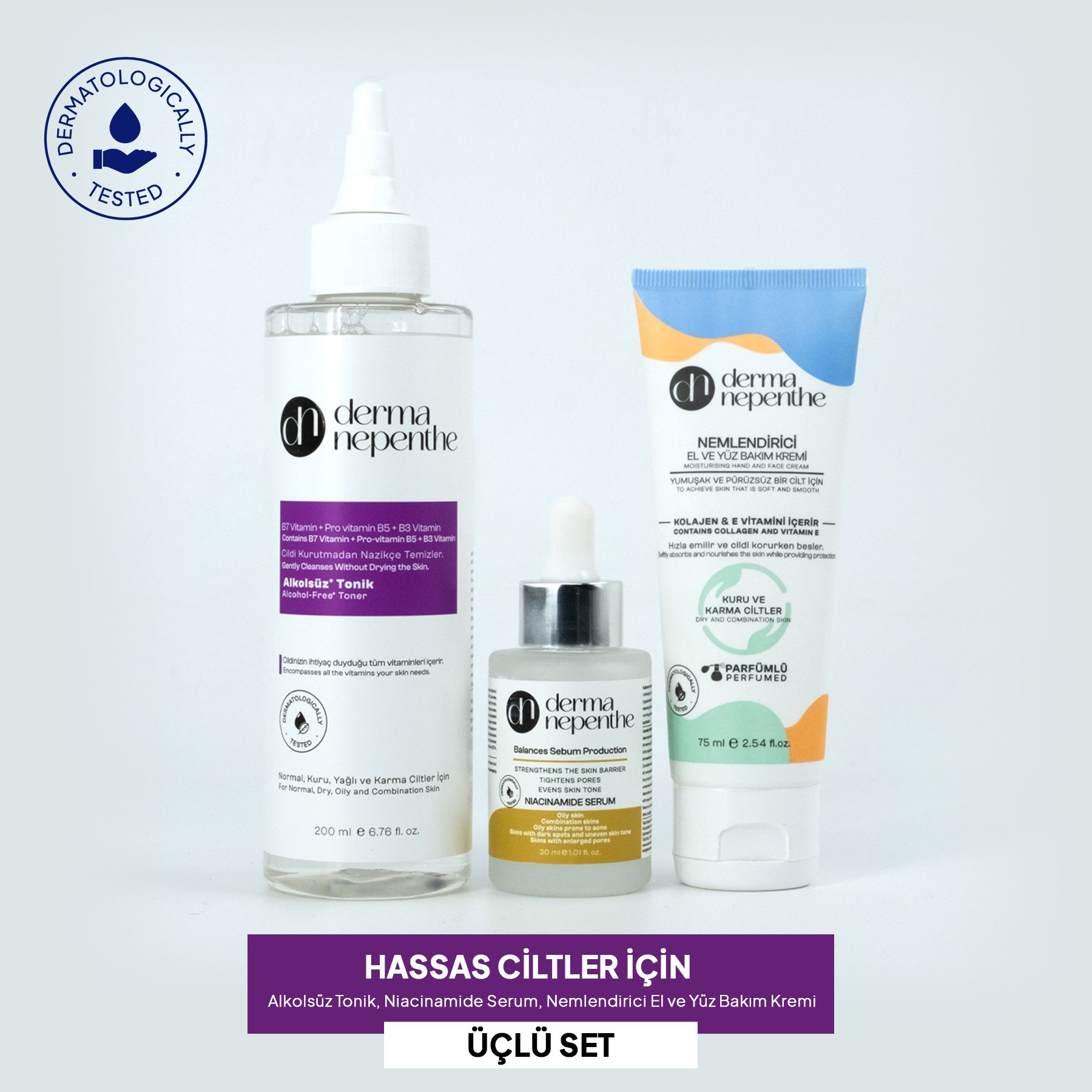 Hassas Ciltler İçin - Alkolsüz Tonik, Niacinamide Serum, Nemlendirici El ve Yüz Bakım Kremi 3'lü Set image