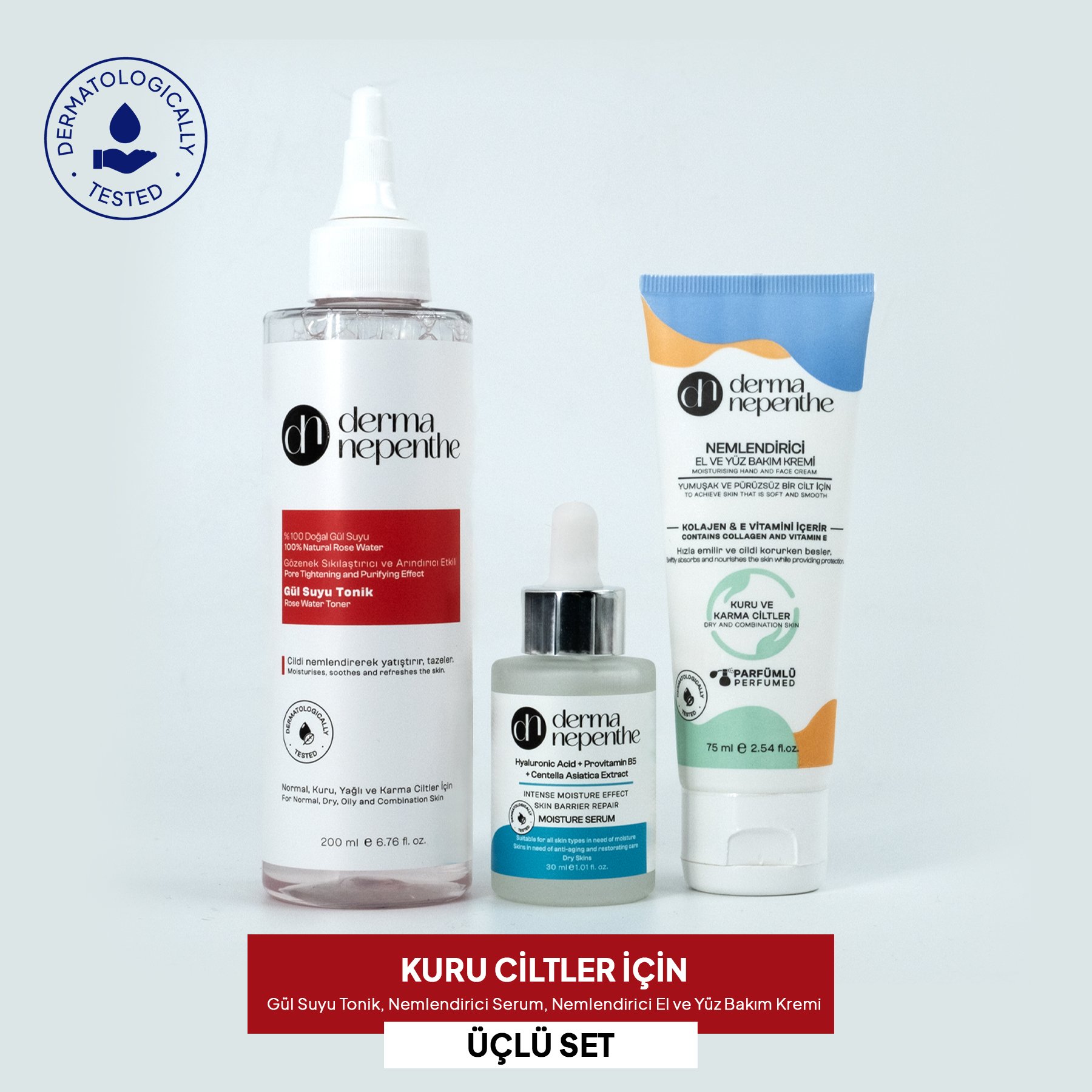 Kuru Ciltler İçin - %100 Gül Suyu Tonik, Nemlendirici Serum, Nemlendirici El ve Yüz Bakım Kremi 3'lü Set