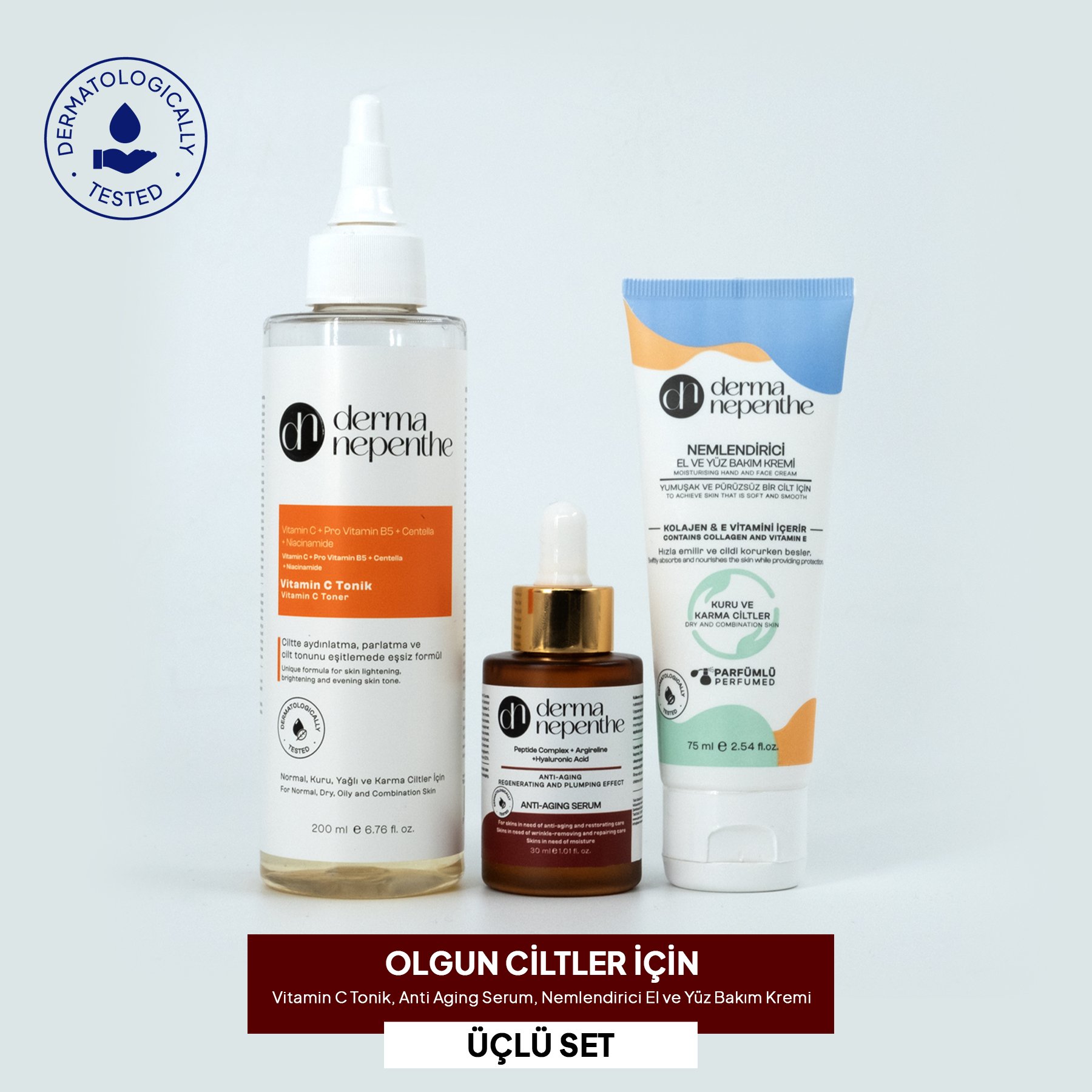 Olgun Ciltler İçin - Vitamin C Tonik, Anti Aging Serum, Nemlendirici El ve Yüz Bakım Kremi 3'lü Set image