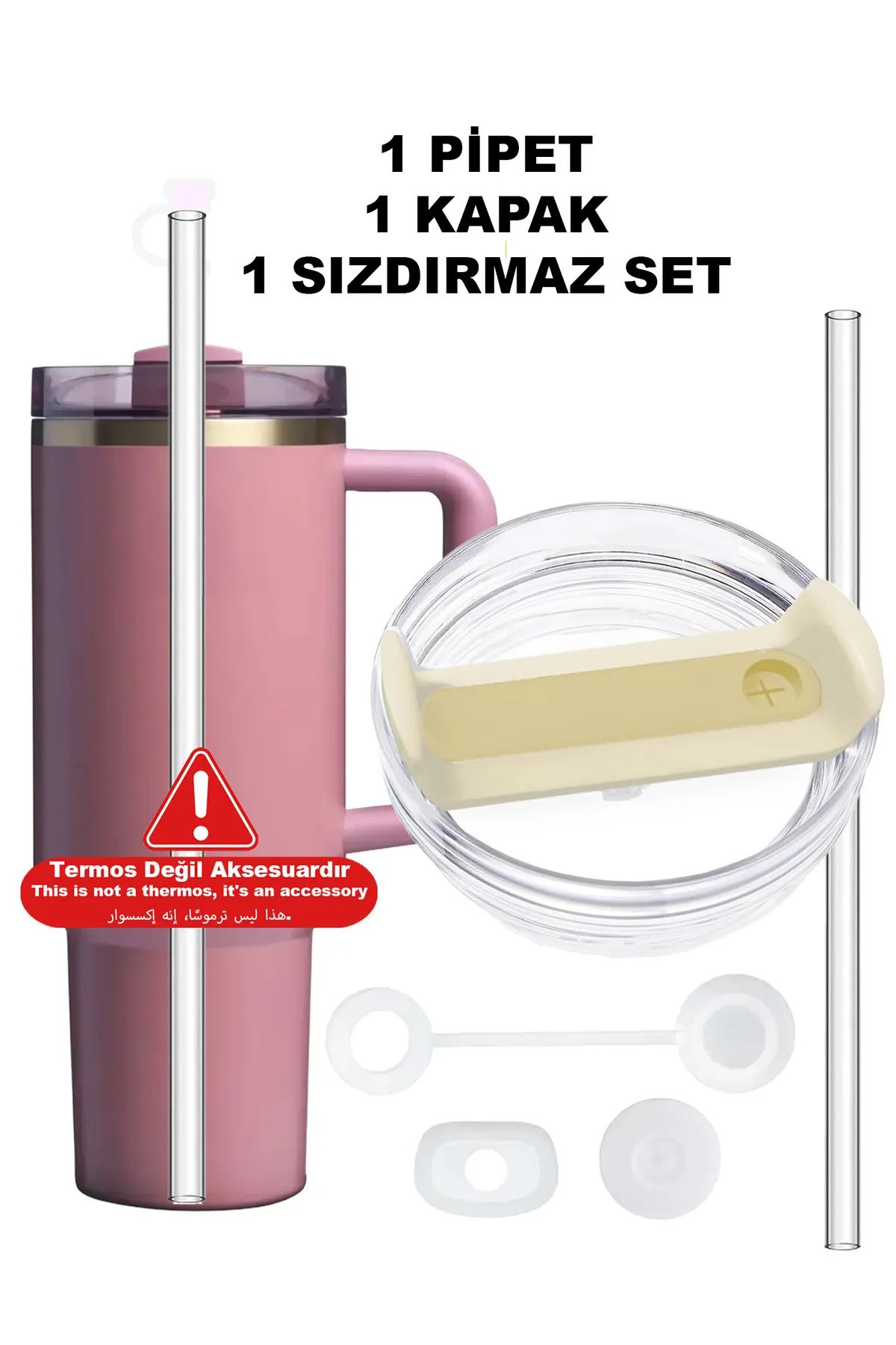  Quencher 40 Oz 1.18 LT Uyumlu Pipetli Termos Kapak - Kapak + Sızdırmaz Set + Pipet - Krem