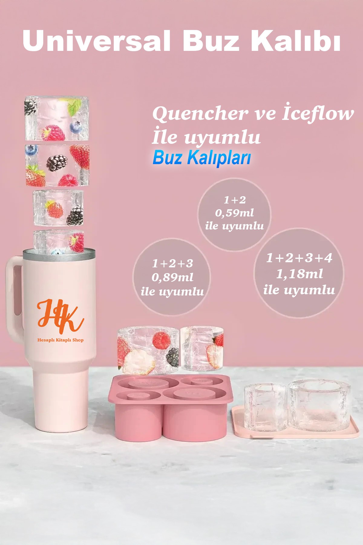 Quencher ve İceflow Uyumlu 20-30-40 Oz Aksesuar 4 Bölmeli Kapaklı Silikon Buz Kalıbı