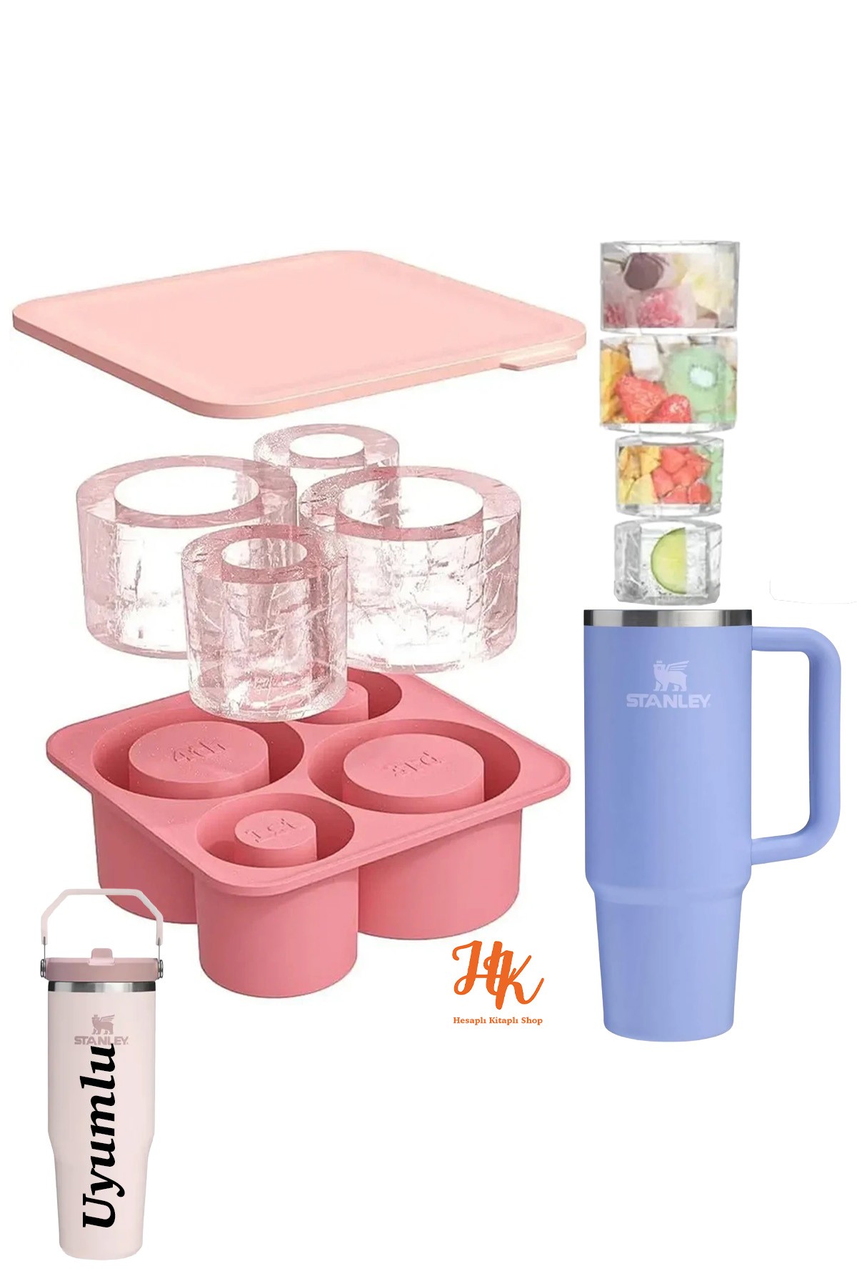 Quencher ve İceflow Uyumlu 20-30-40 Oz Aksesuar 4 Bölmeli Kapaklı Silikon Buz Kalıbı