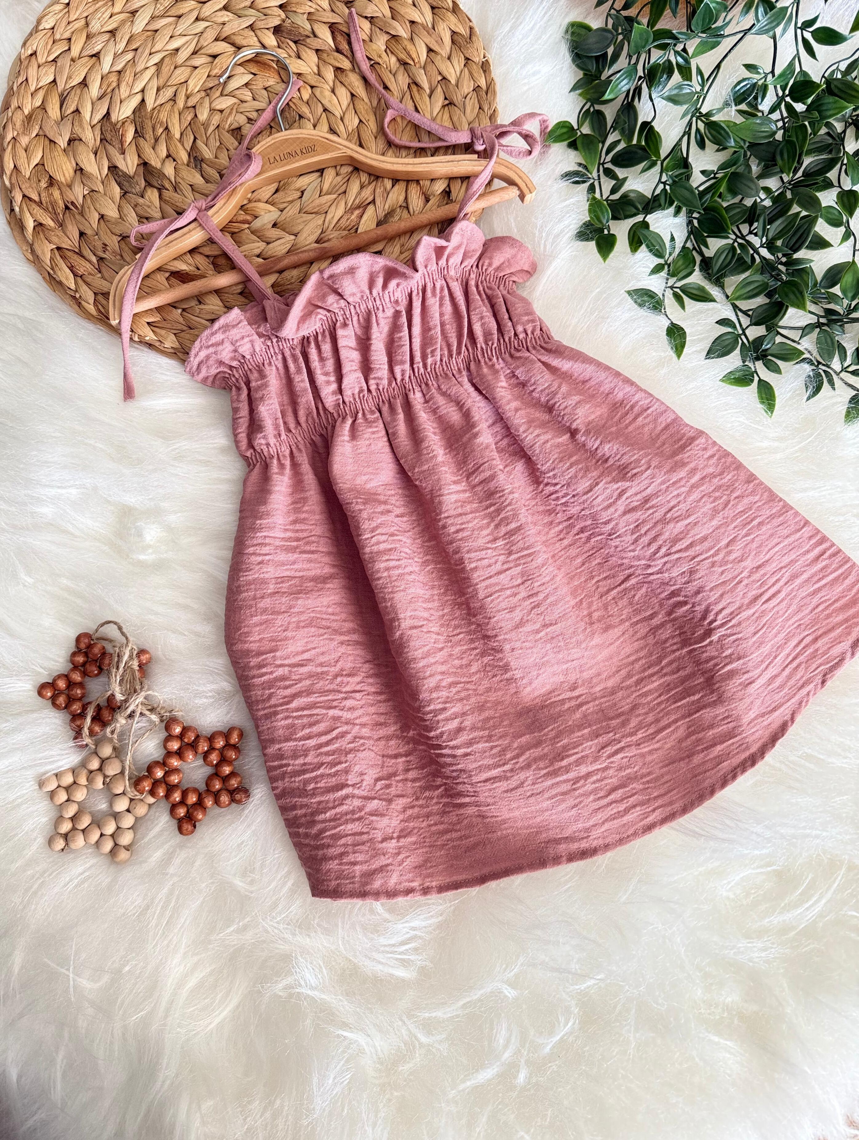 Kız Çocuk Pembe İnce Askılı Keten Elbise