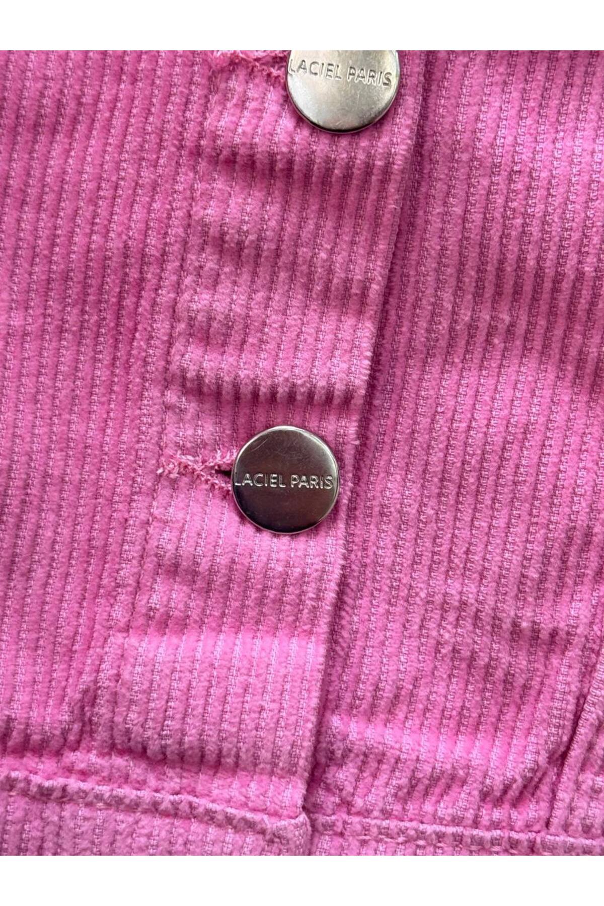 Kız Çocuk Pamuklu Fuşya Ceketli Etek Takım - Düğme Detaylı Crop Ceket