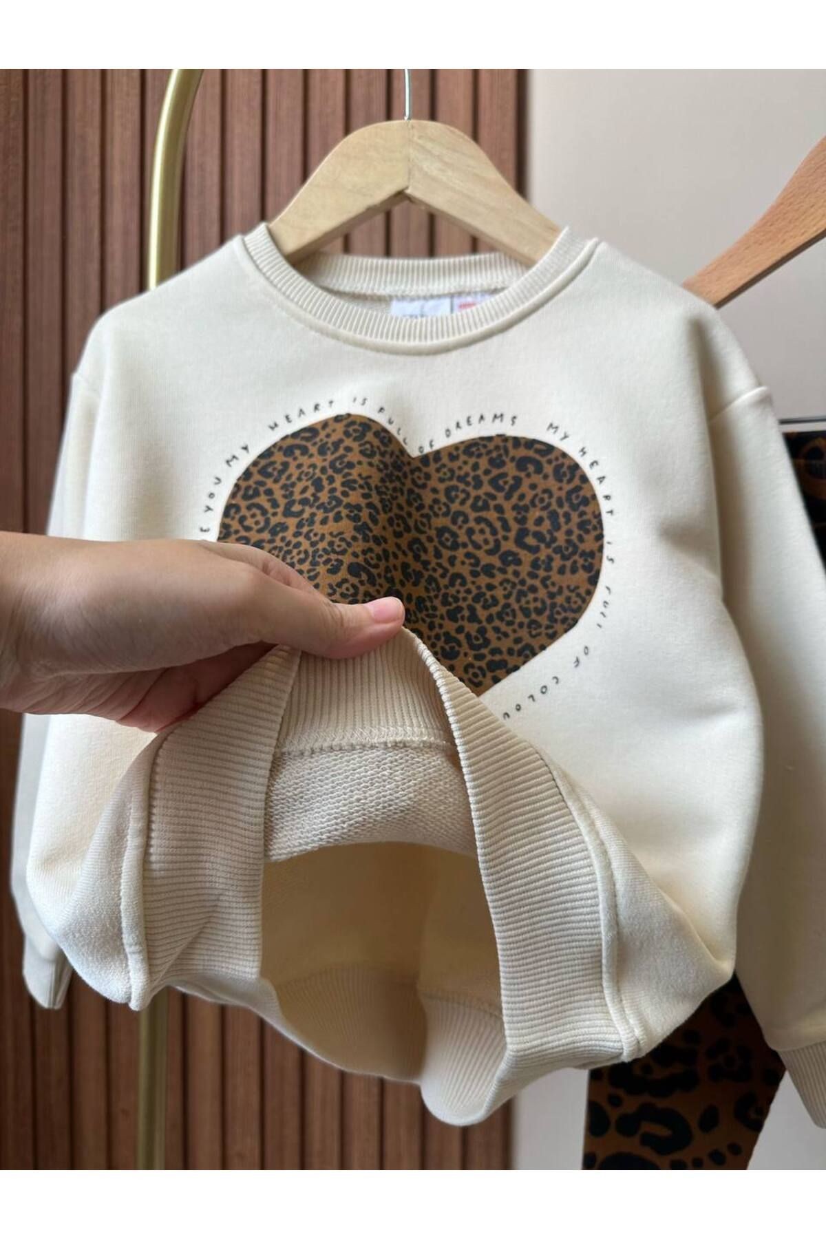 3 İplik Kumaş Leoparlı Sweatshirt Ve Tayt Alt Üst Takım