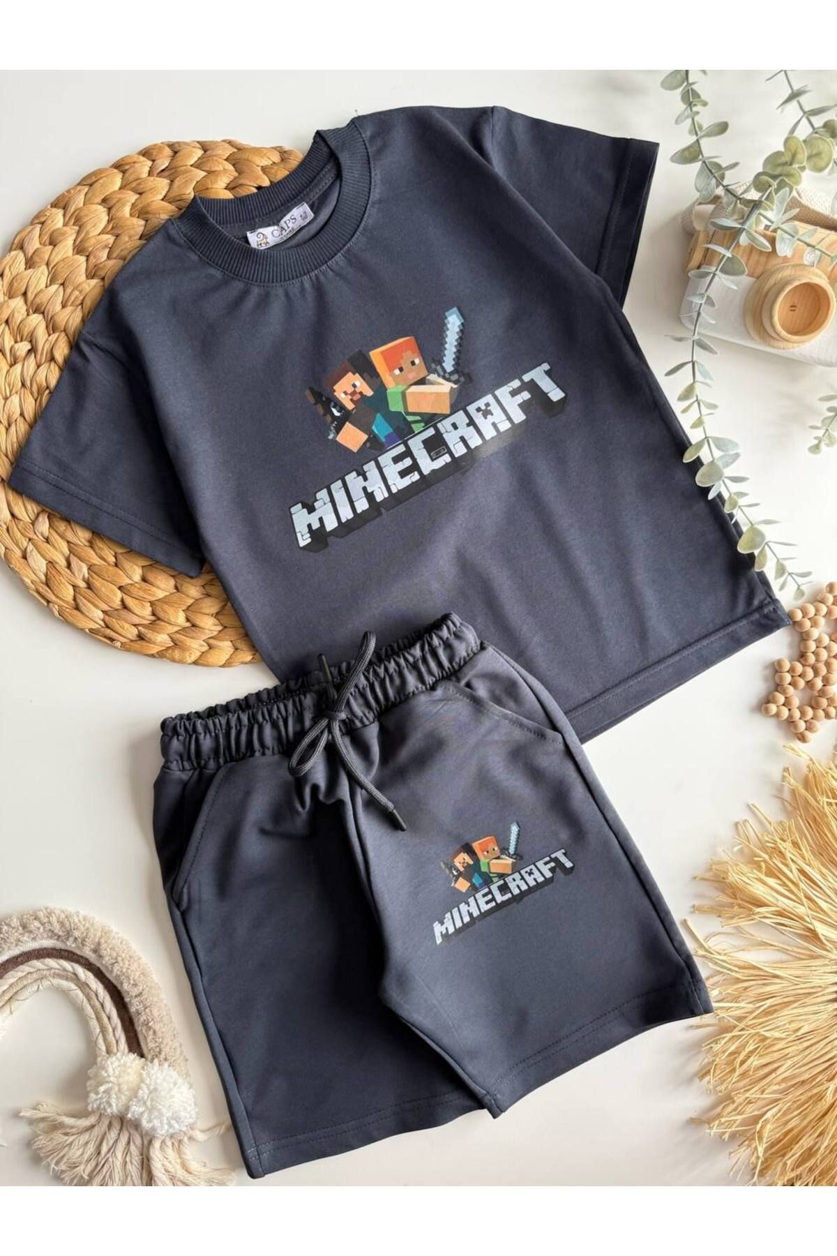 Erkek Çocuk MineCraft Baskılı Şortlu Alt Üst Takım