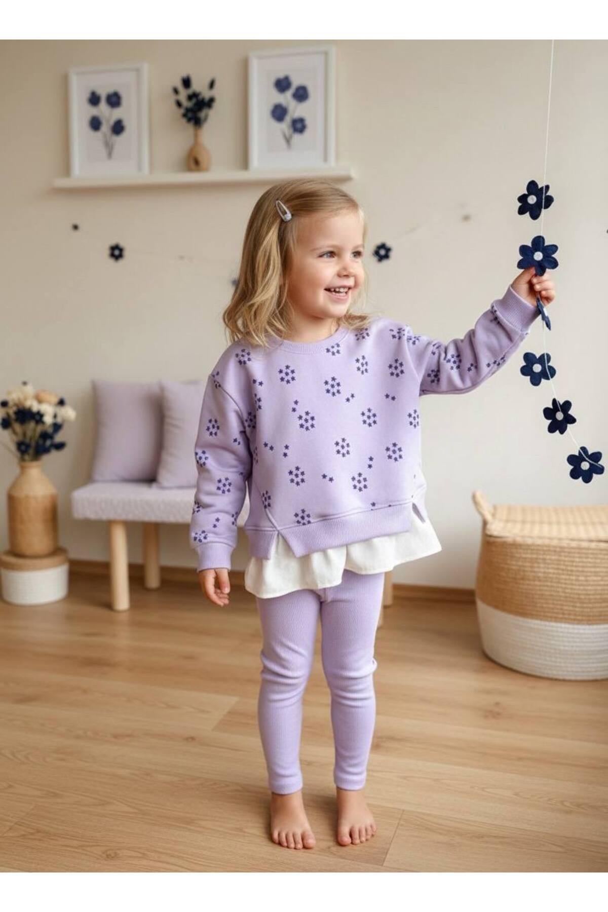 Kız Çocuk Gömlek Detaylı Lila Alt Üst Takım