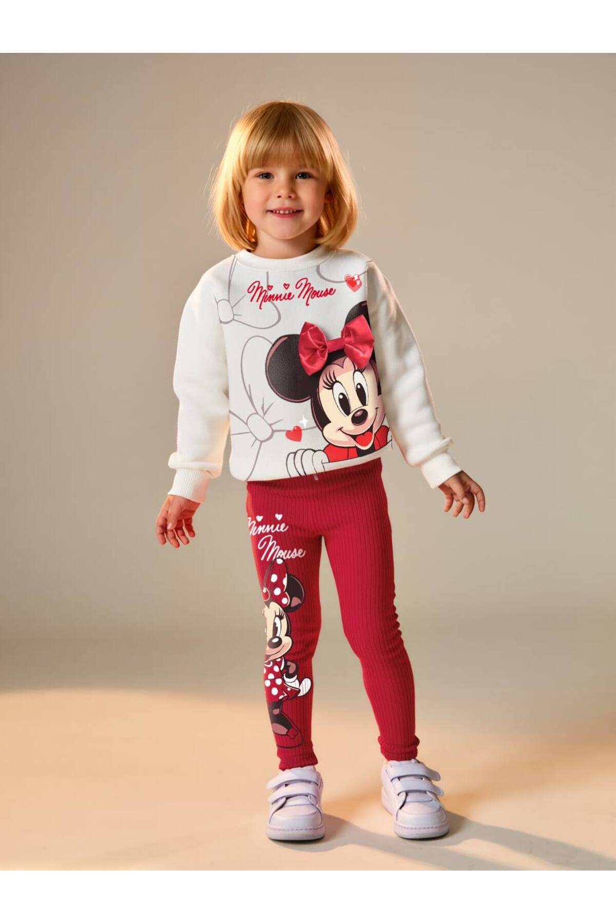 Kız Çocuk Pamuklu Kırmızı Minnie Temalı Takım - Fiyonklu T-shirt ve Tayt