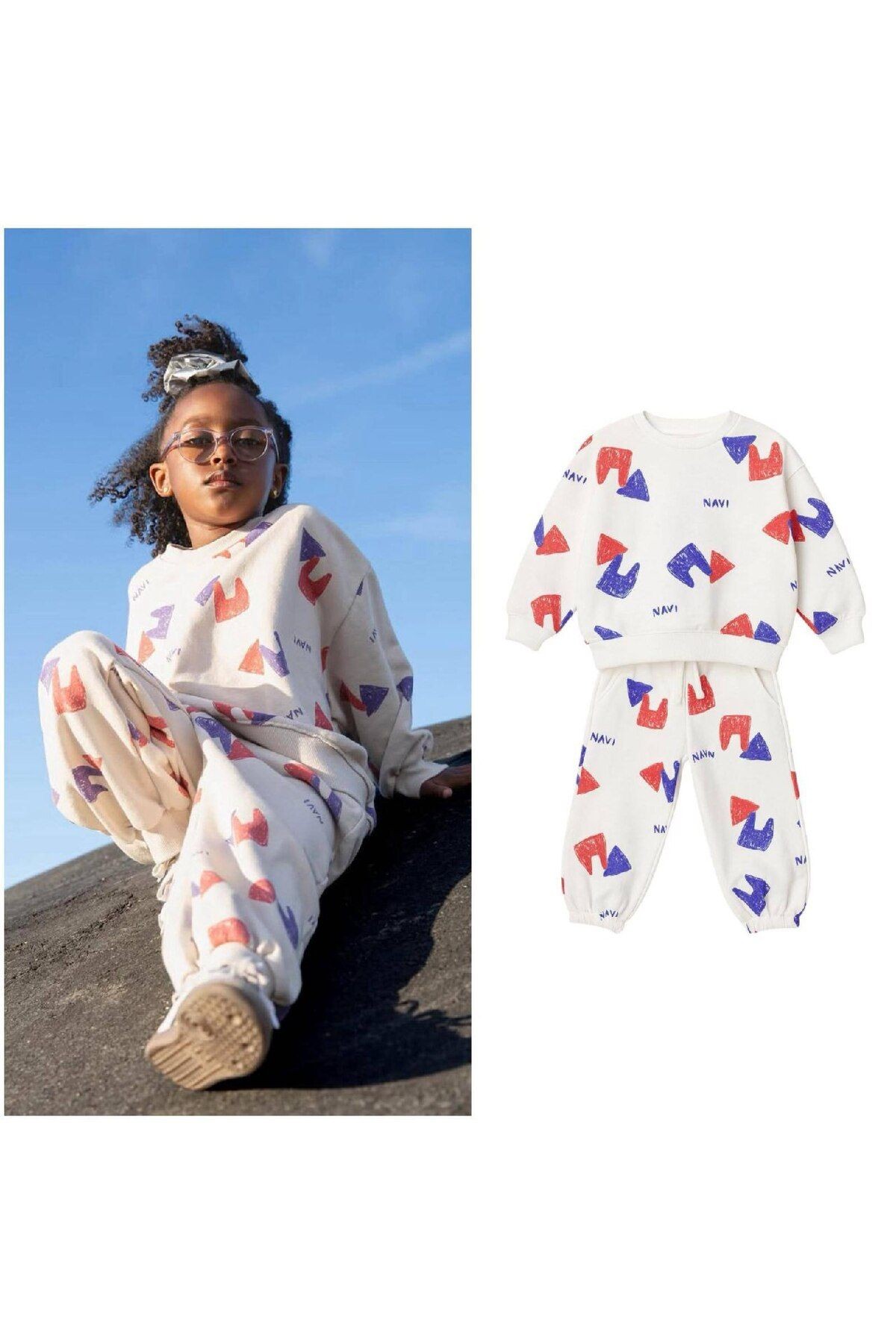 Laciel Paris Unisex Geometrik Desenli Navi Sloganlı Oversize Alt Üst Takım