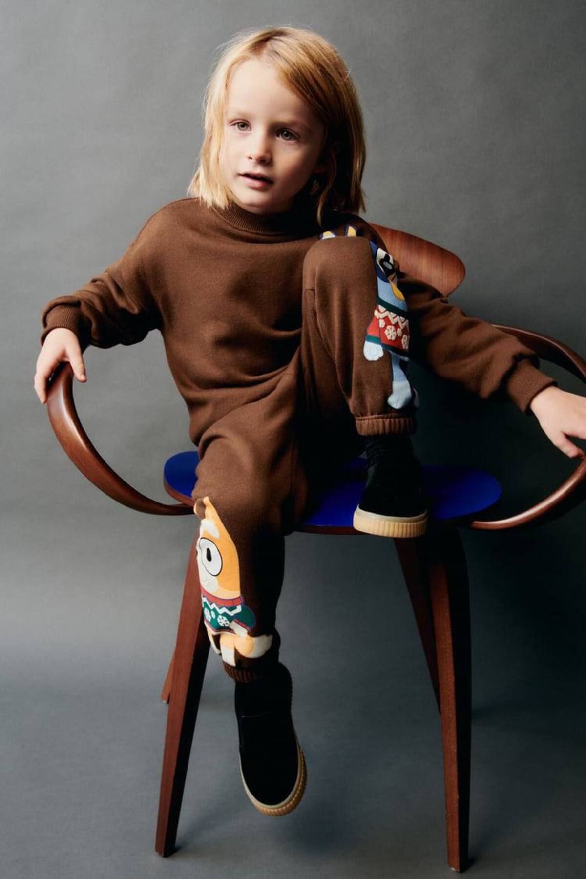 Unisex Pamuklu Kahverengi Bluey Sweatshirt ve Eşofman Alt Takım