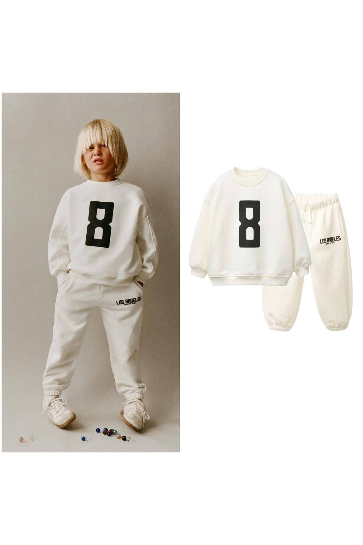 Erkek Çocuk Pamuklu Ekru 8 Los Angeles Baskılı Sweatshirt ve Eşofman Alt Takım