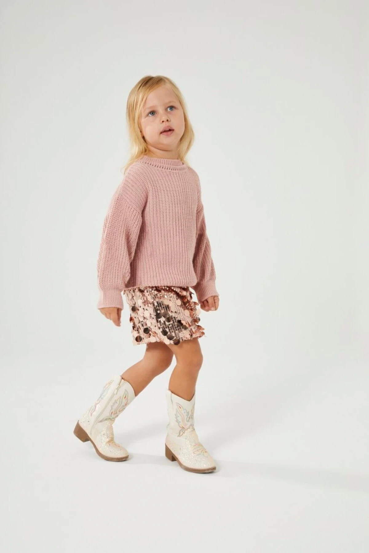 Kız Çocuk Payet Etekli Pembe Triko Kazaklı Alt Üst Takım