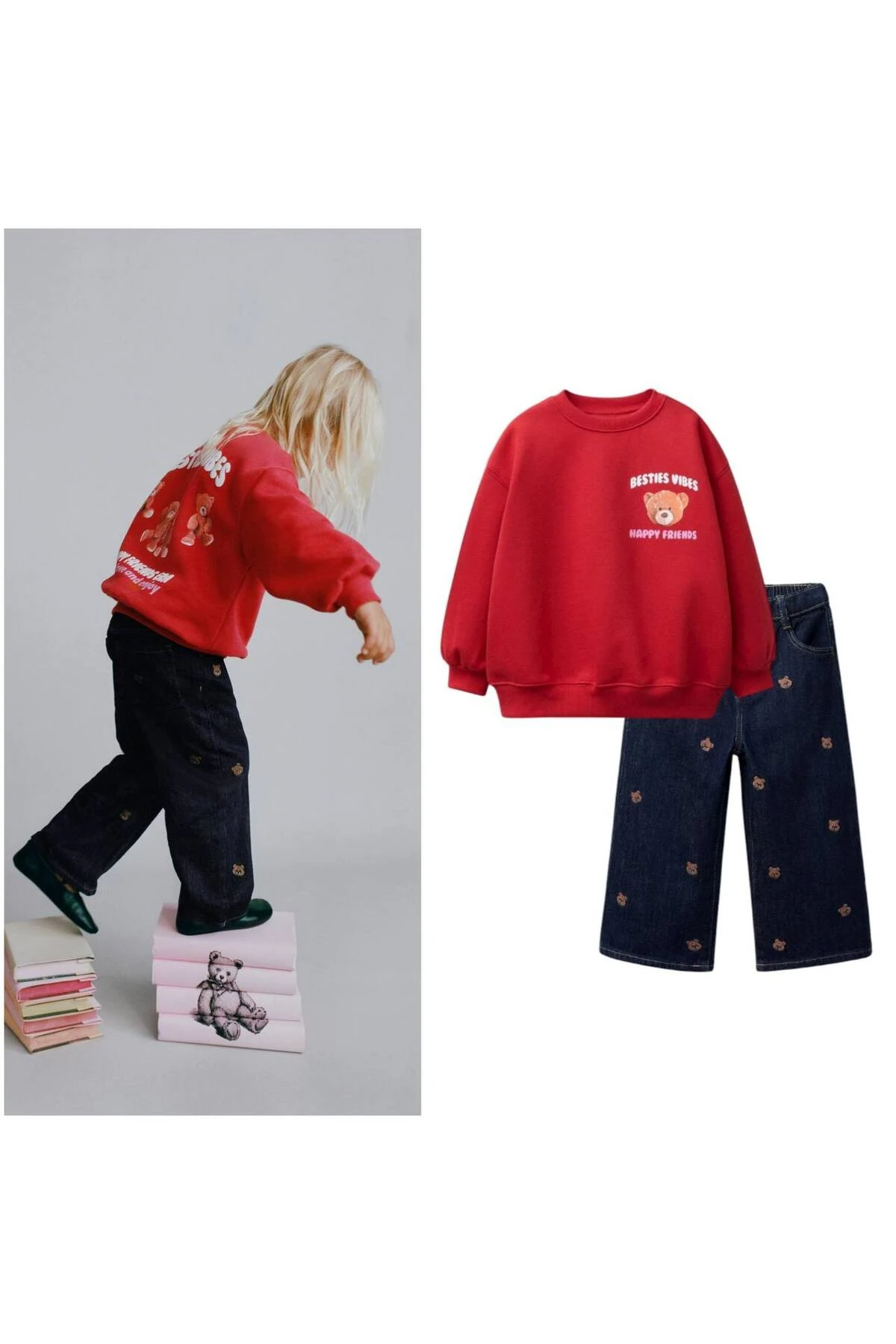 Unisex Pamuklu Kırmızı Ayı Baskılı Sweatshirt ve Nakışlı Kot Pantolon Takım – Rahat Günlük Stil