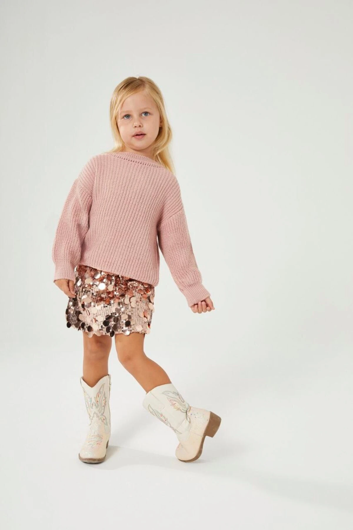 Kız Çocuk Payet Etekli Pembe Triko Kazaklı Alt Üst Takım