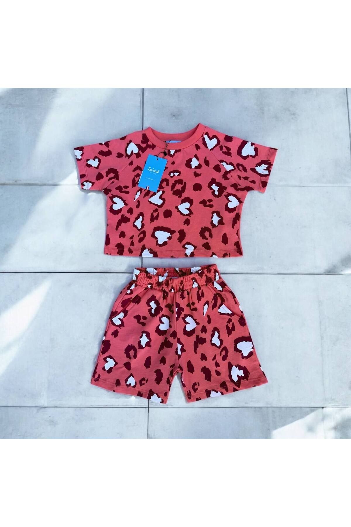 Kız Çocuk Pamuklu Leopar Baskılı Tshirt ve Şort Alt Üst Takım