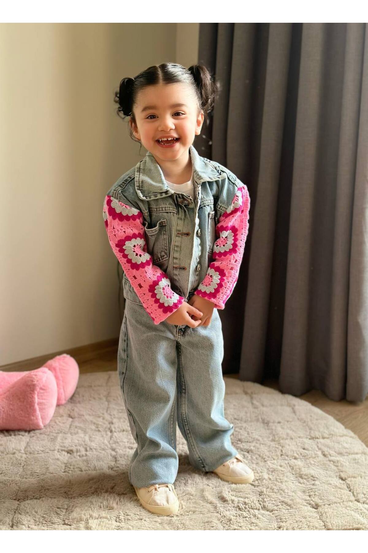 Kız Çocuk Kolları Motif Detaylı Denim Alt Üst Takım