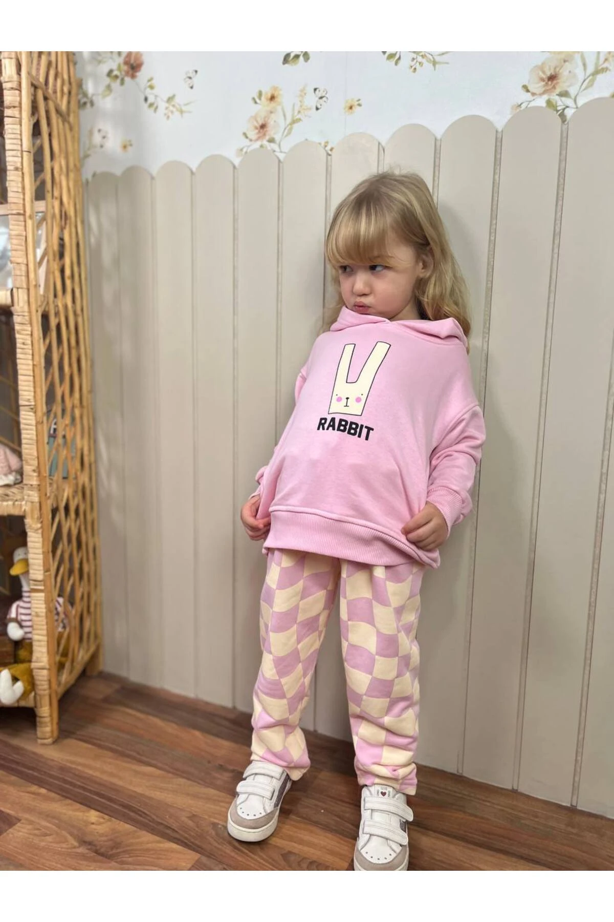 Kız Çocuk Rabbit Baskılı Pembe 3 İplik Alt Üst Takım