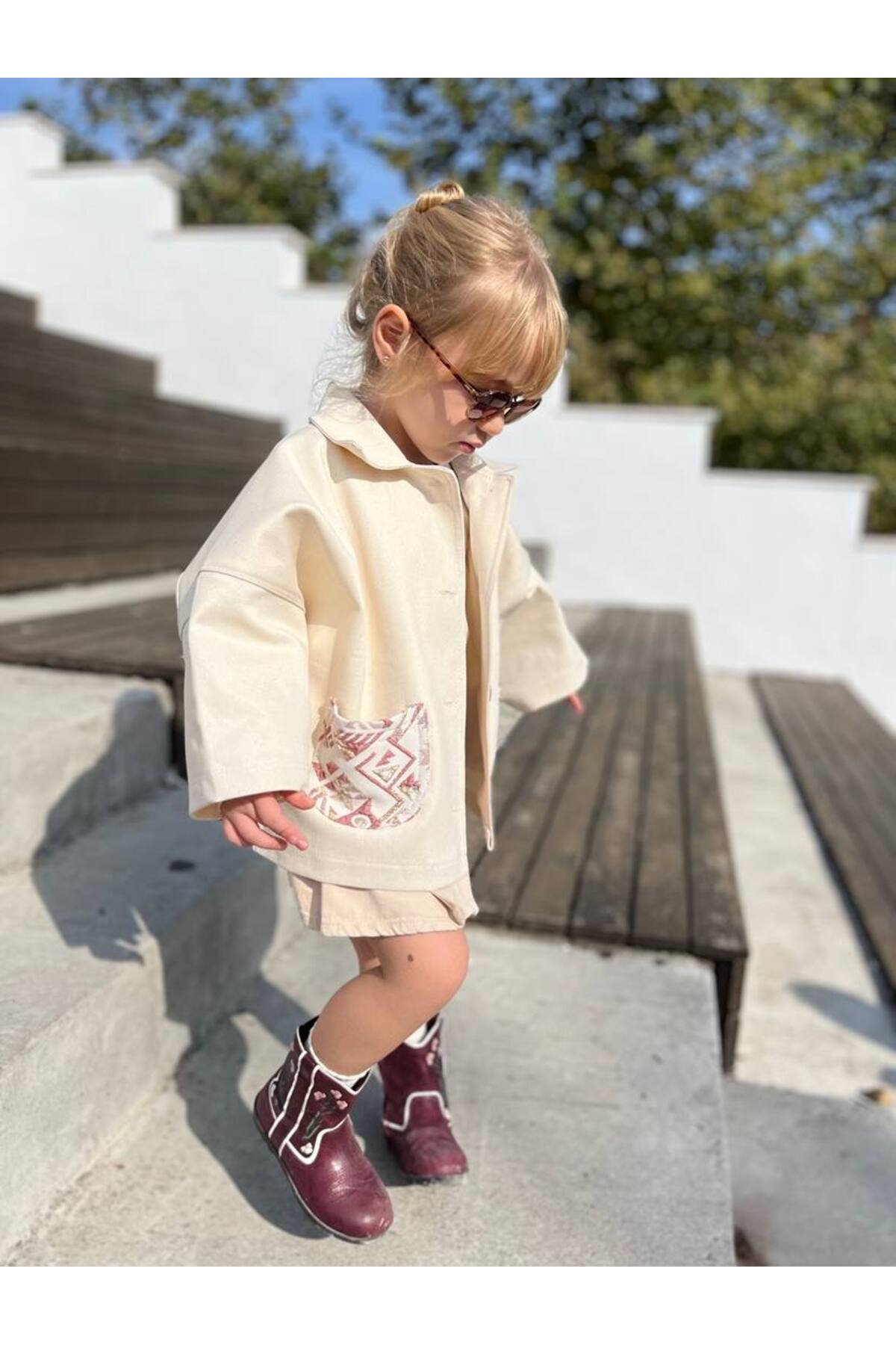 Kız Çocuk Bohem Jakar Cepli Simli Gabardin Ceket