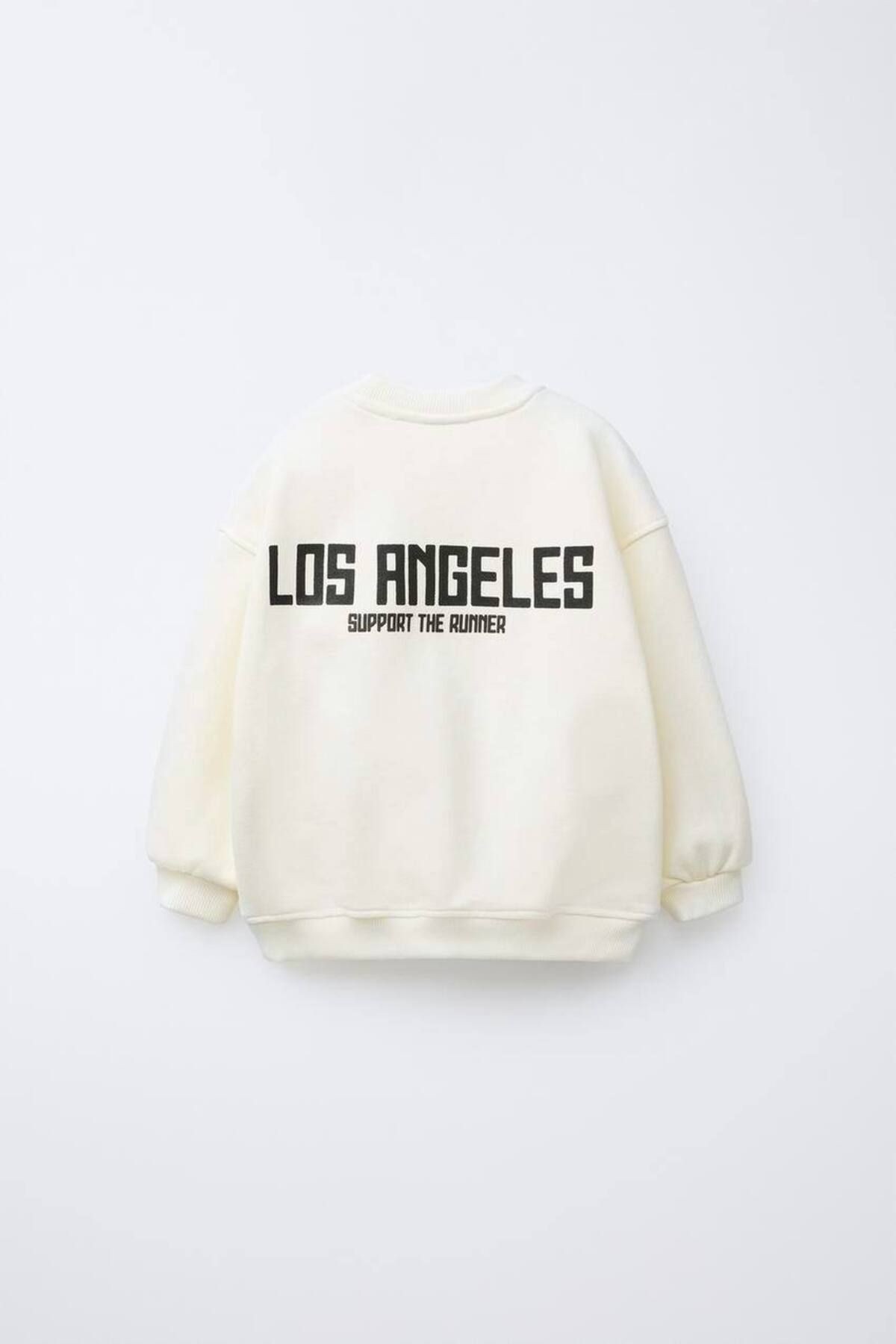 Erkek Çocuk Pamuklu Ekru 8 Los Angeles Baskılı Sweatshirt ve Eşofman Alt Takım