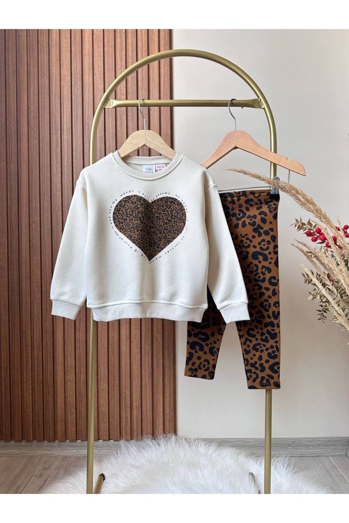 3 İplik Kumaş Leoparlı Sweatshirt Ve Tayt Alt Üst Takım