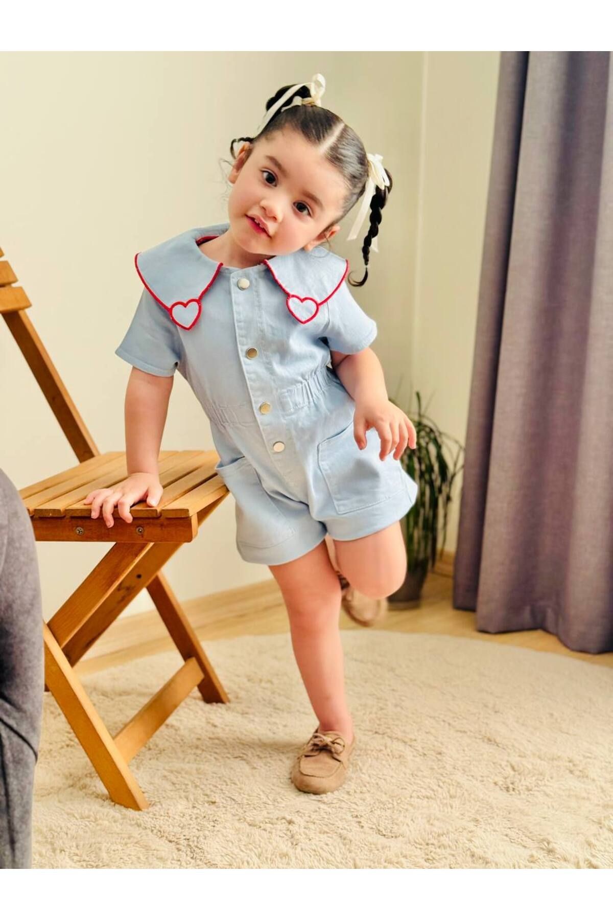 Kız Çocuk Kalpli Bebe Yaka Mavi Tulum