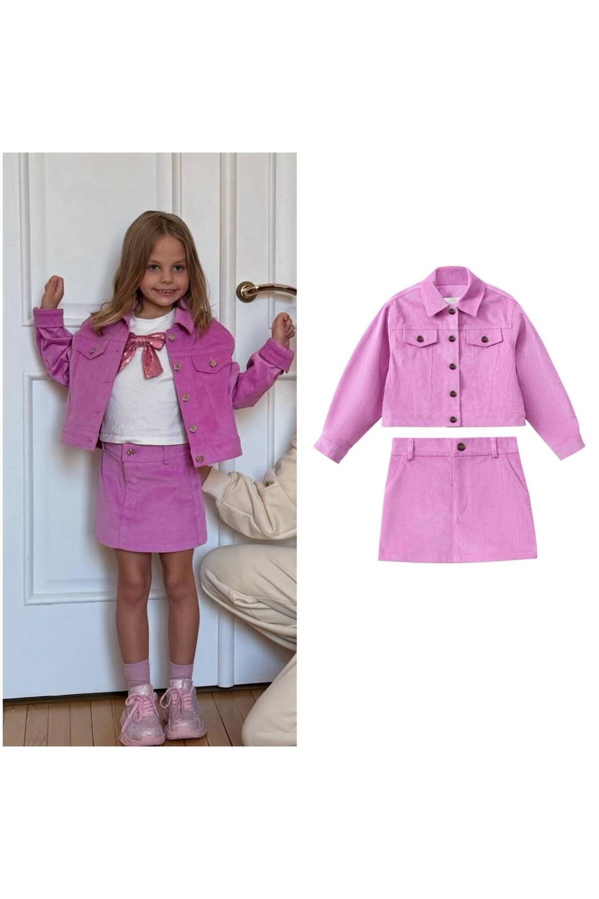 Kız Çocuk Pamuklu Fuşya Ceketli Etek Takım - Düğme Detaylı Crop Ceket