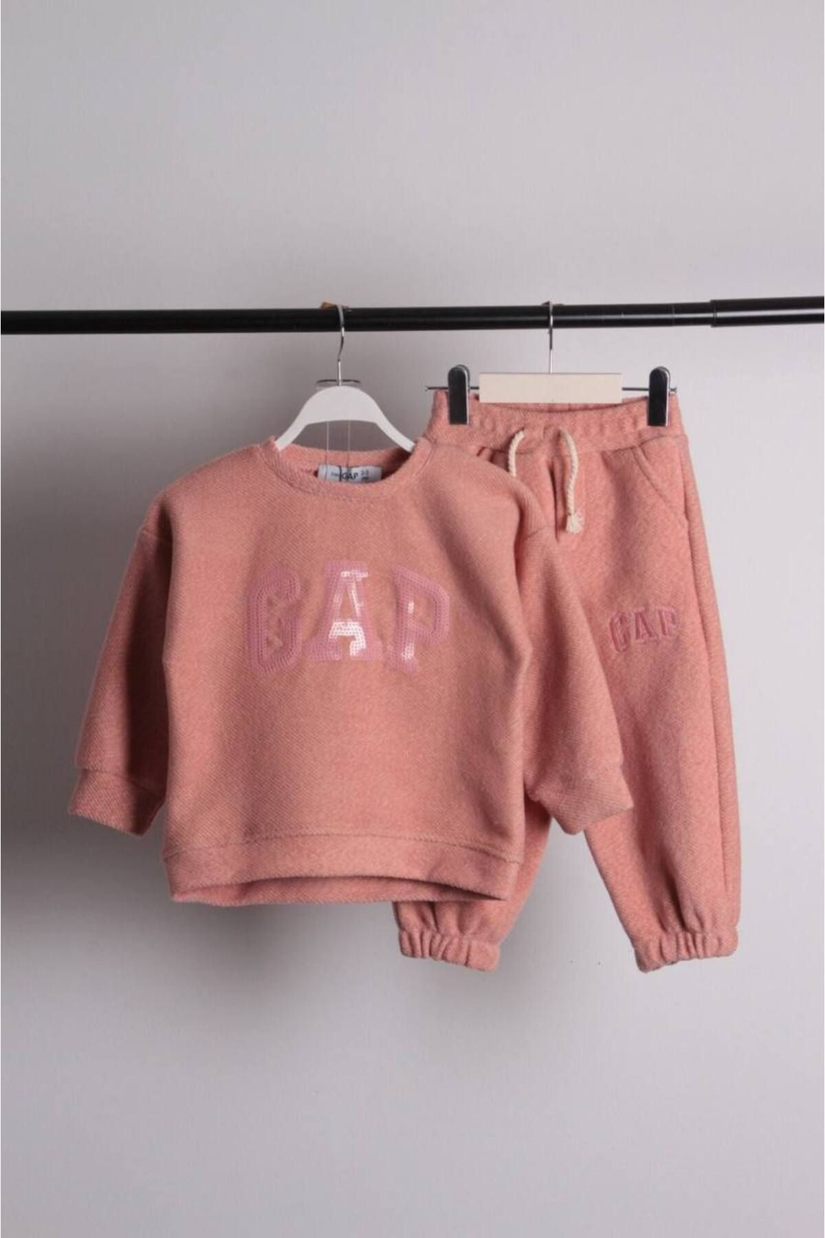 Kız Çocuk Somon Pembe Pullu GAP Baskılı Pamuklu Sweatshirt Eşofman Alt-Üst Takım