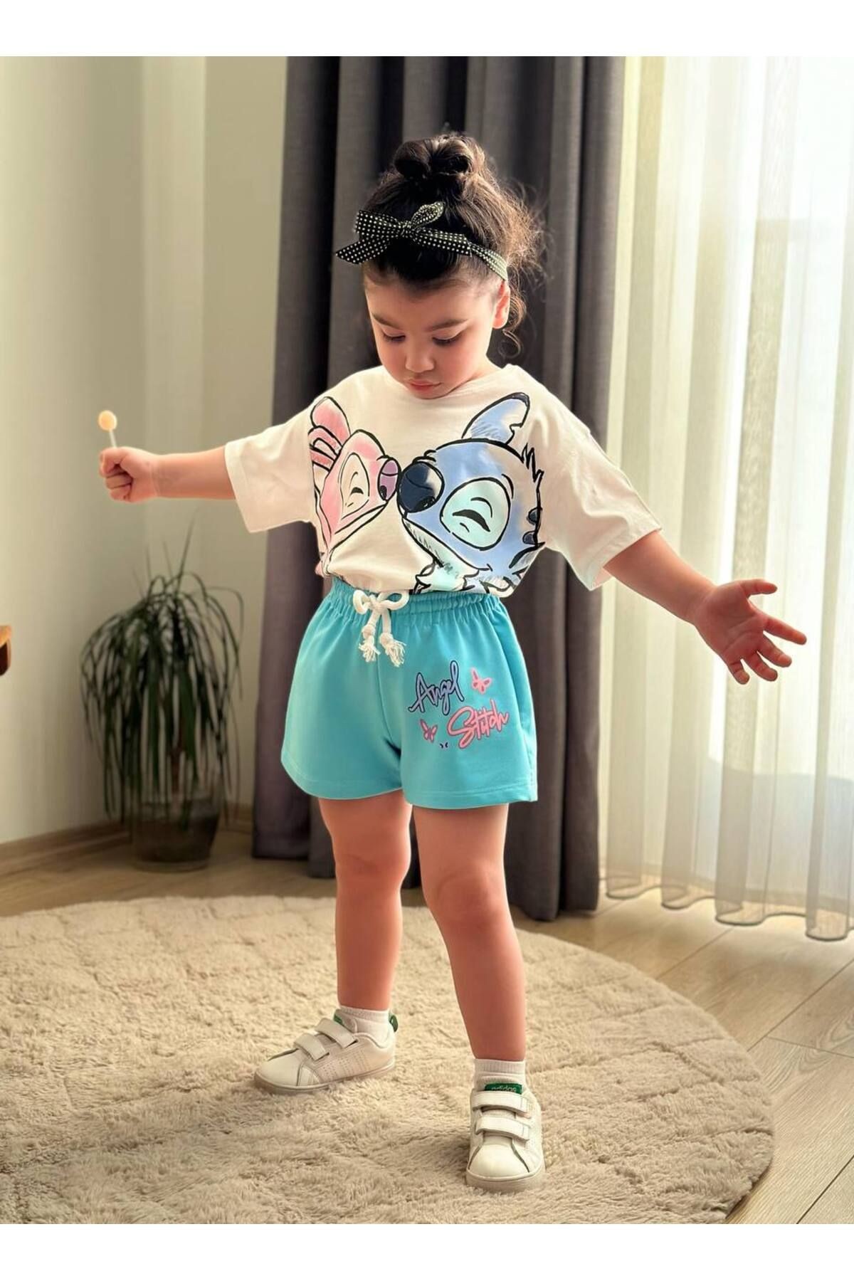 Kız Çocuk Stitch Baskılı Şortlu Alt Üst Takım