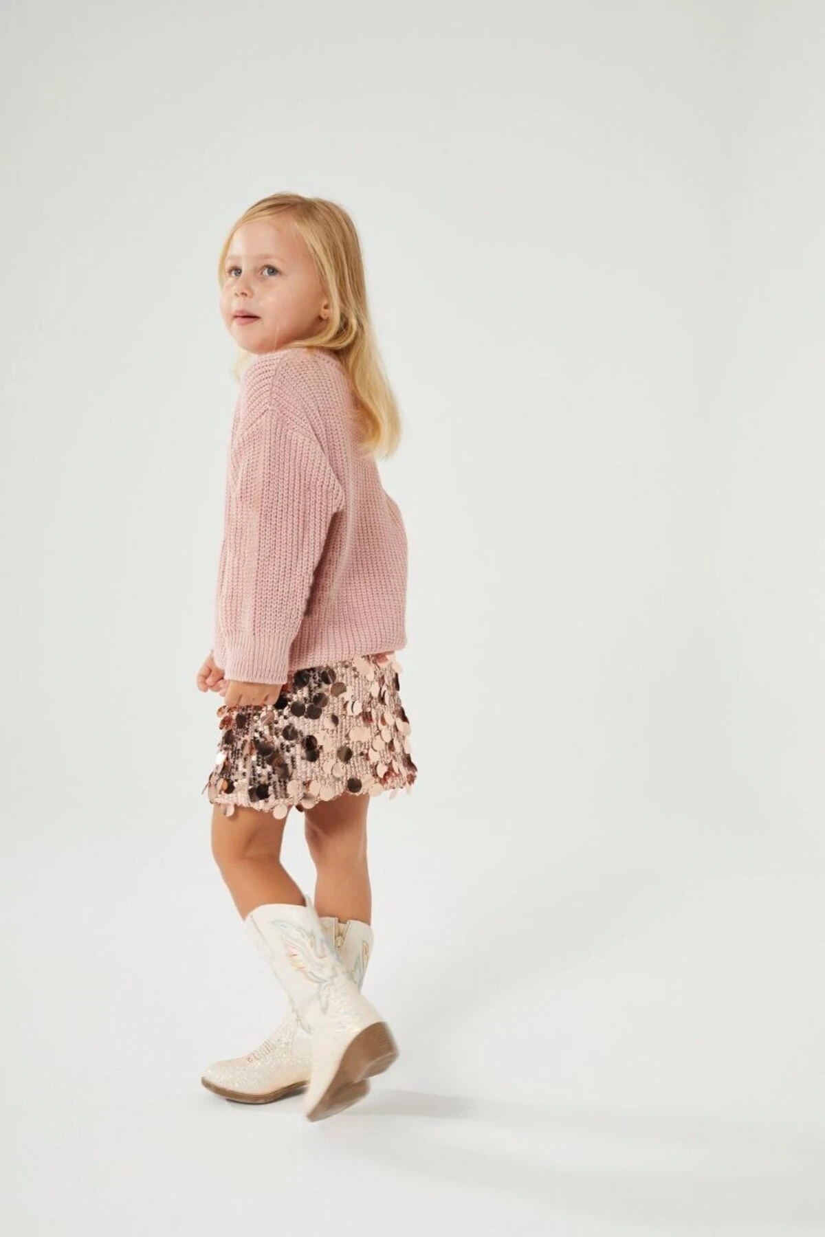 Kız Çocuk Payet Etekli Pembe Triko Kazaklı Alt Üst Takım