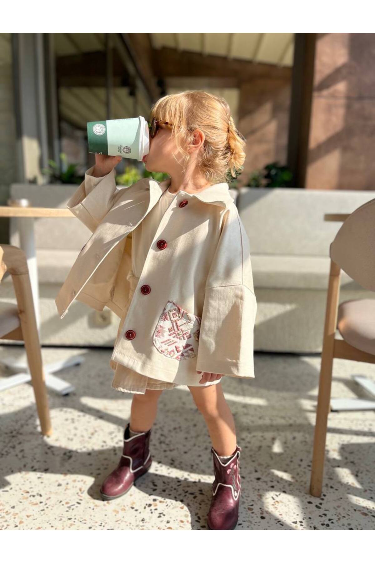 Kız Çocuk Bohem Jakar Cepli Simli Gabardin Ceket