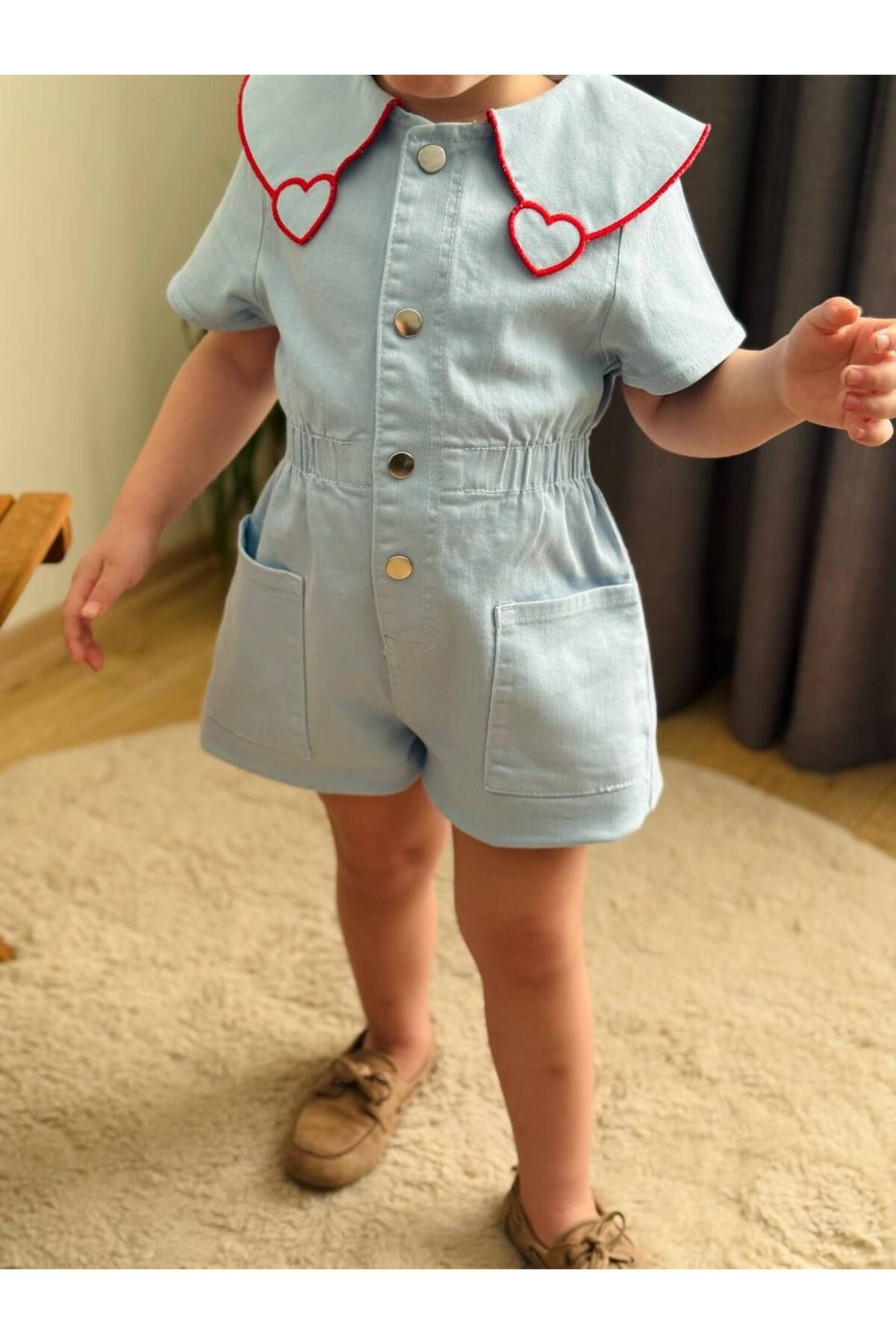 Kız Çocuk Kalpli Bebe Yaka Mavi Tulum